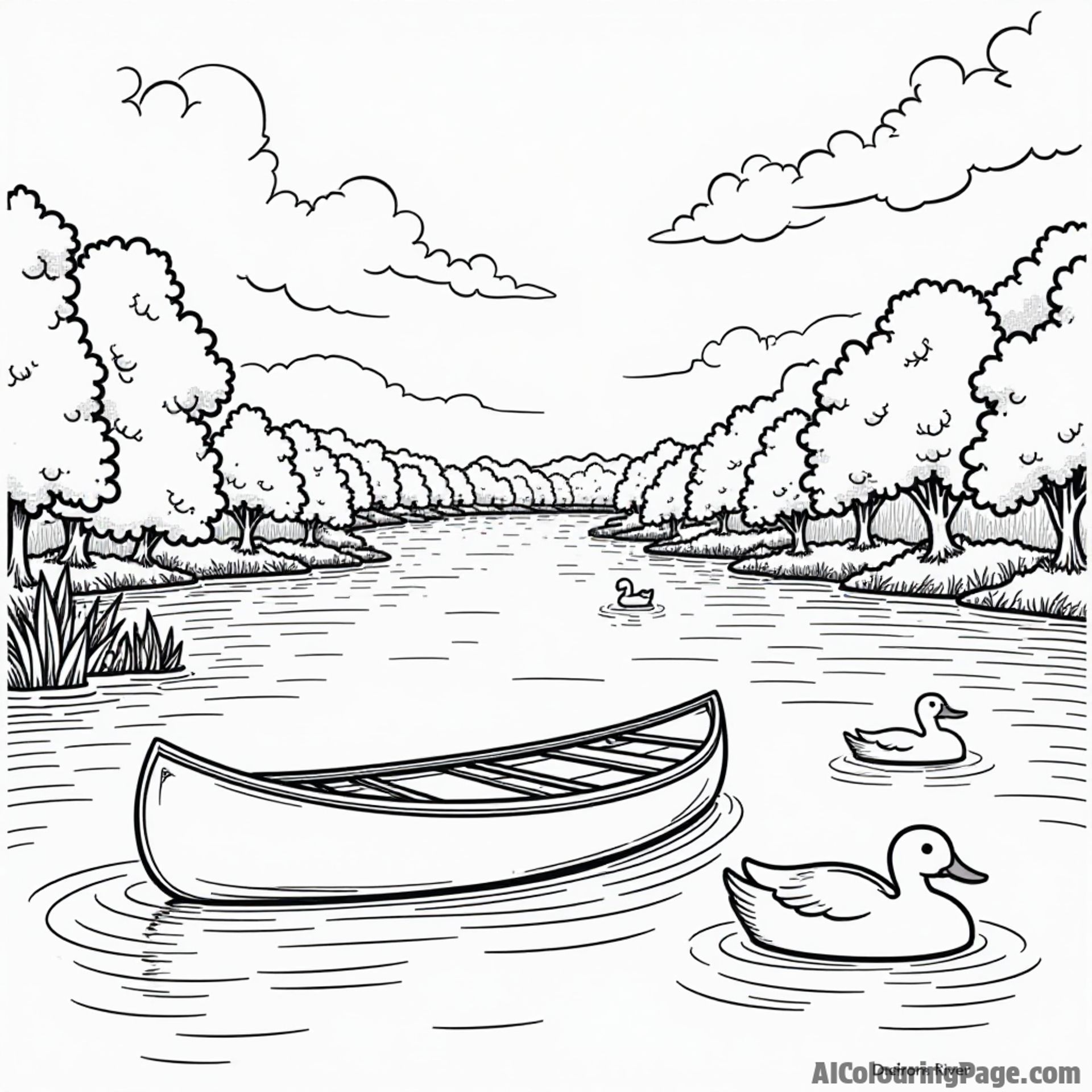 An illustration of the Delaware River with a canoe, trees along the shore, and ducks swimming for kids to color.