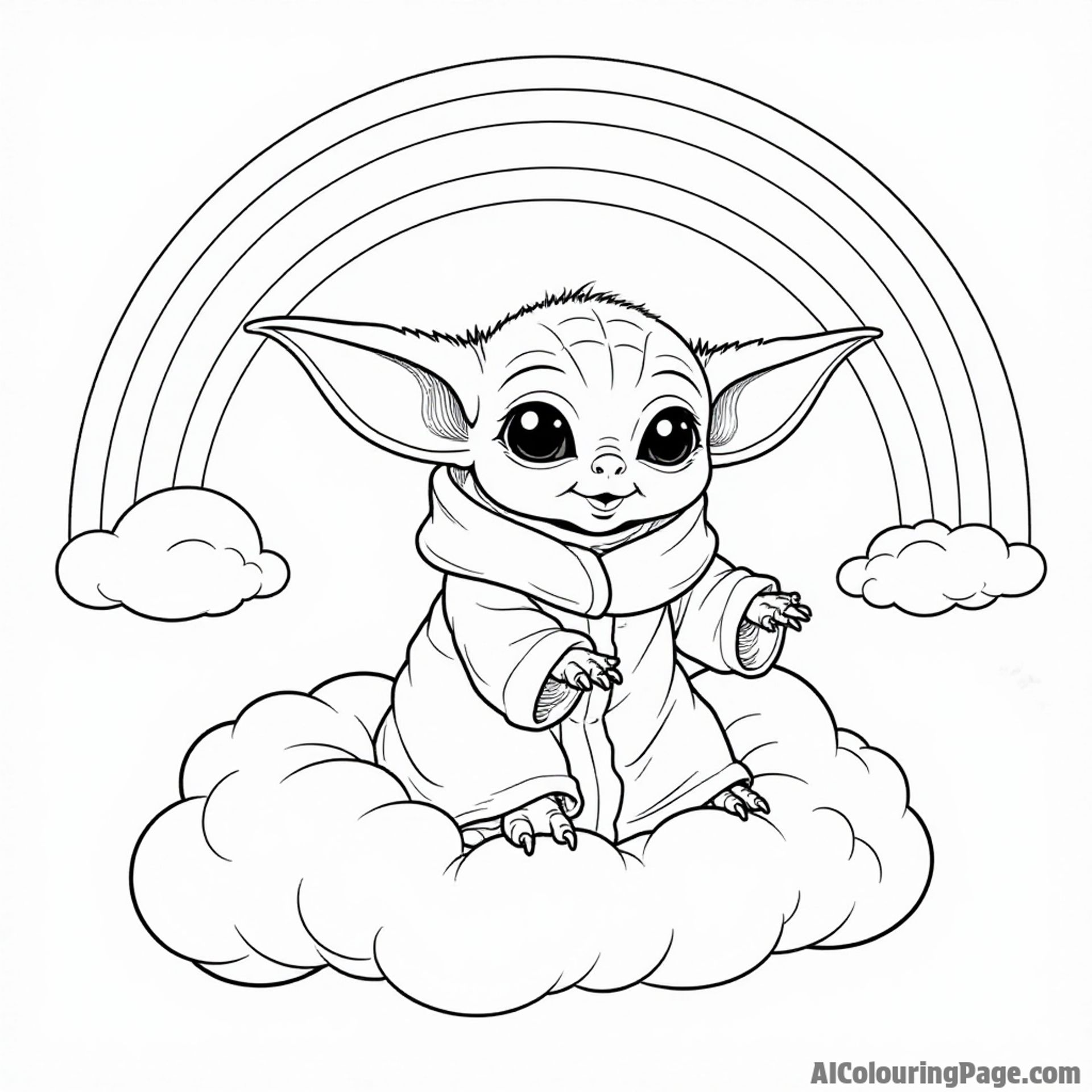 Baby Yoda riding a fluffy cloud with a rainbow arching across the sky
