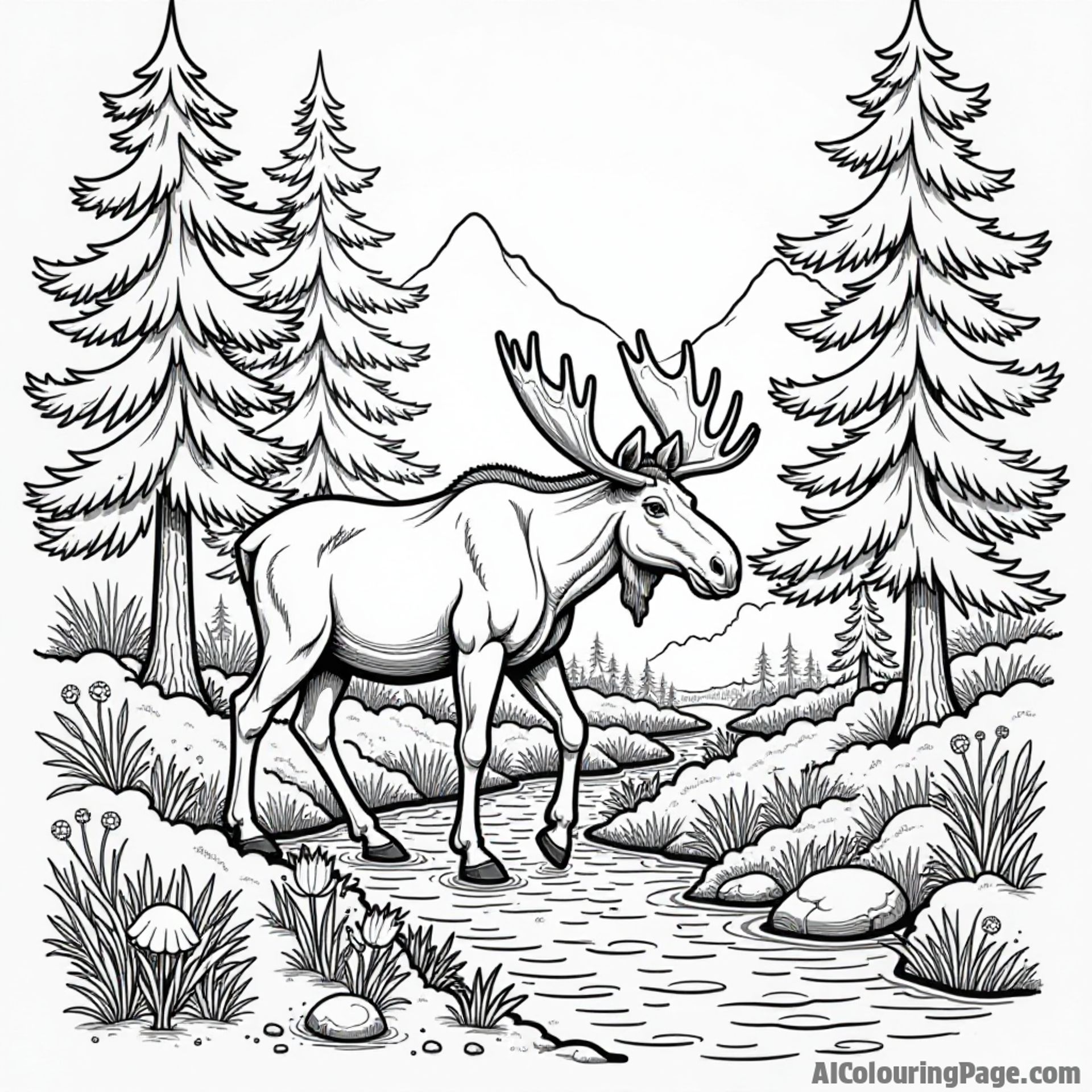 A moose wandering through a dense pine forest, surrounded by wildflowers and a sparkling stream flowing nearby in Maine.
