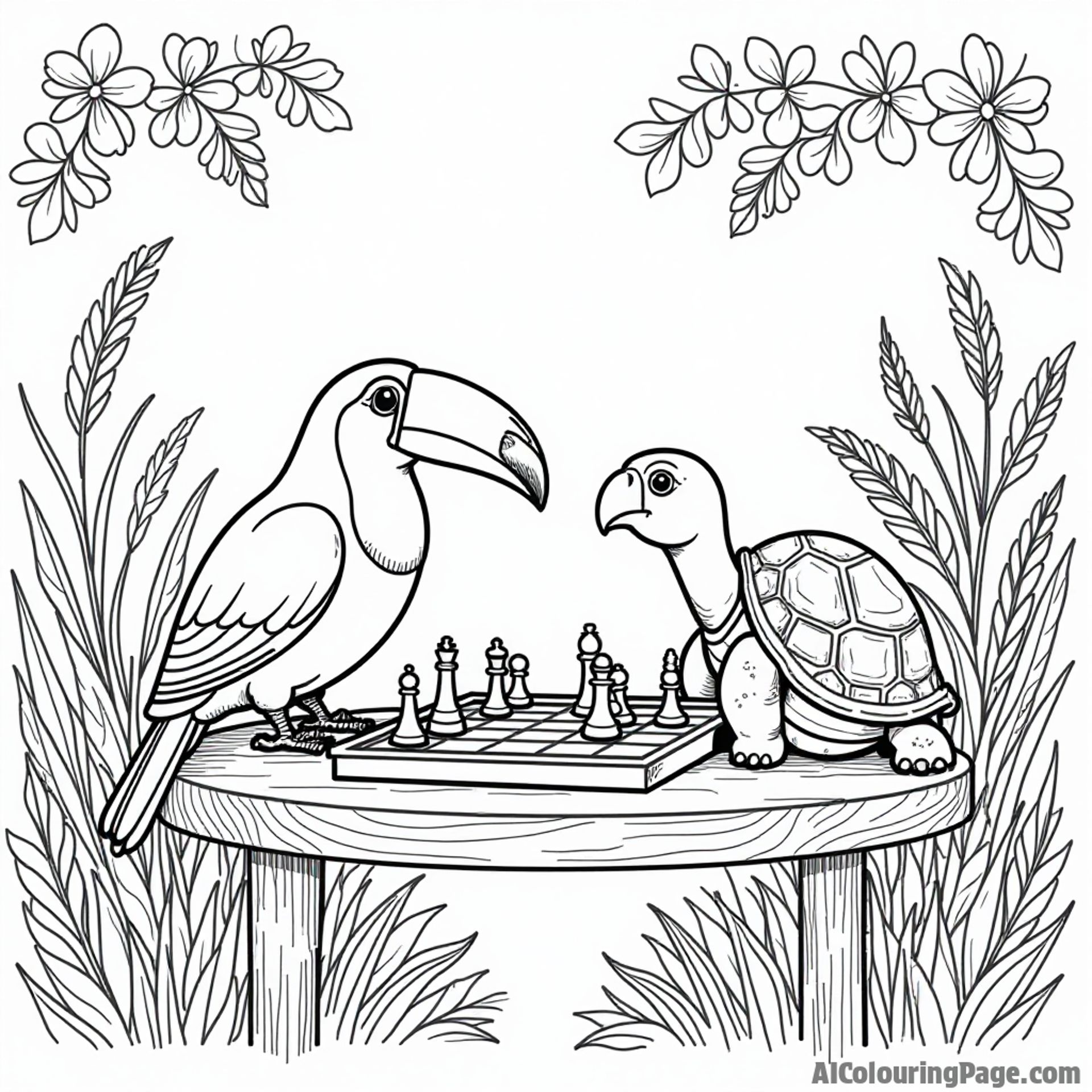 A toucan and a turtle playing chess on a wooden table in a sunny garden surrounded by colorful plants and flowers.