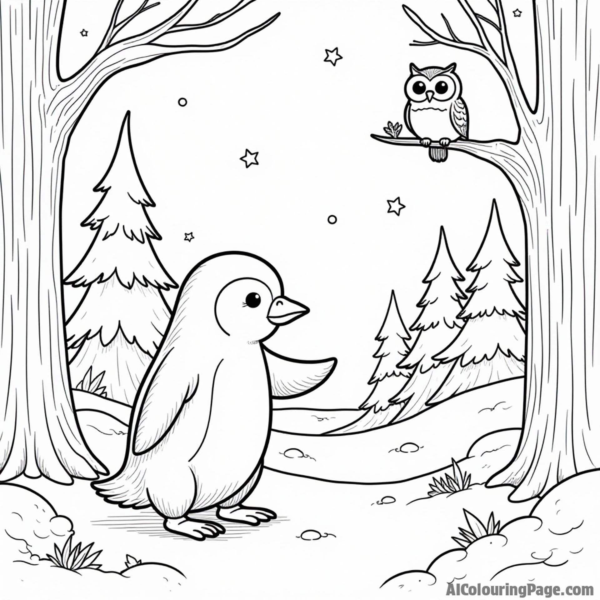 A penguin exploring a snowy forest with tall trees, a friendly owl perched above, and twinkling stars.