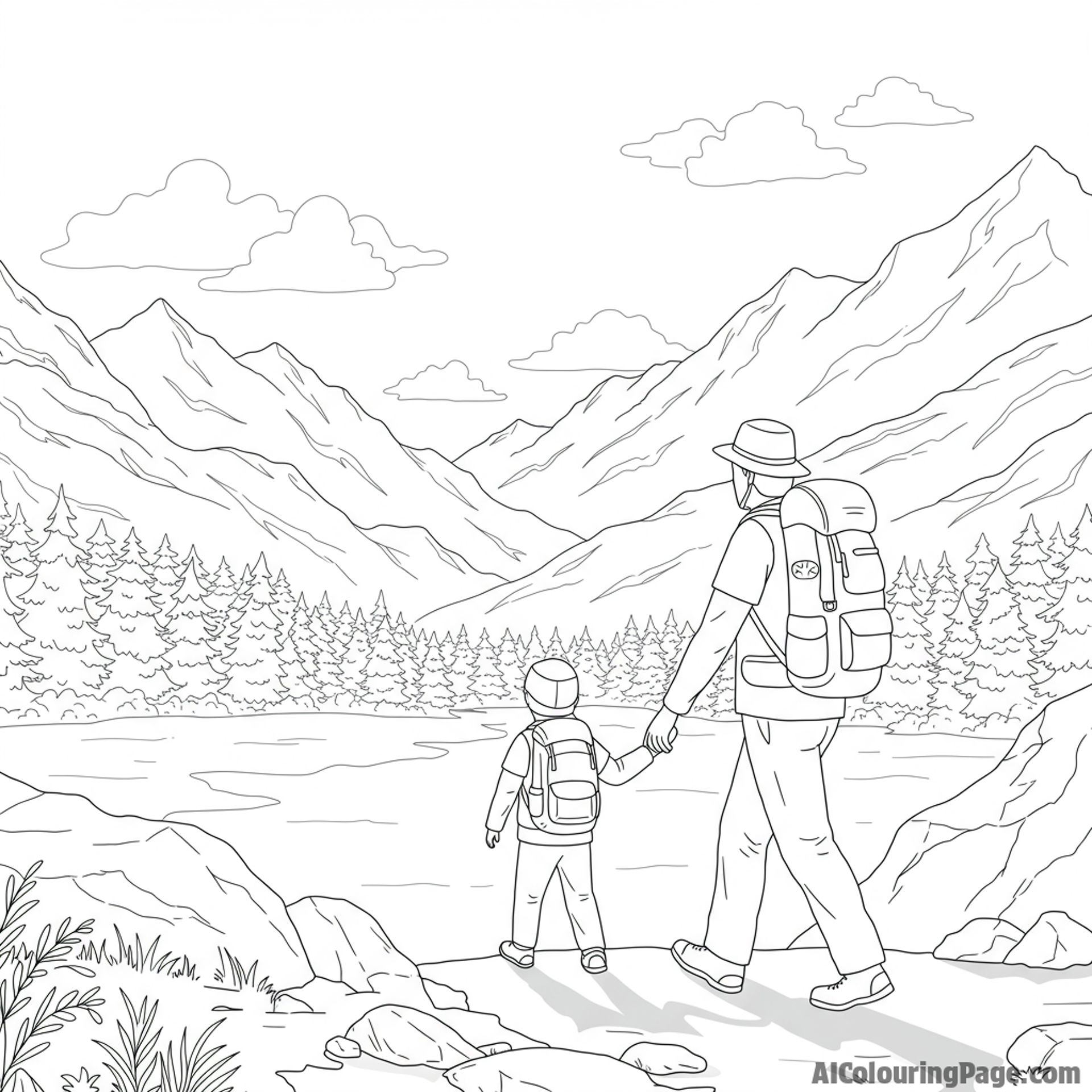 Father and child hiking in the mountains, scenic vista.