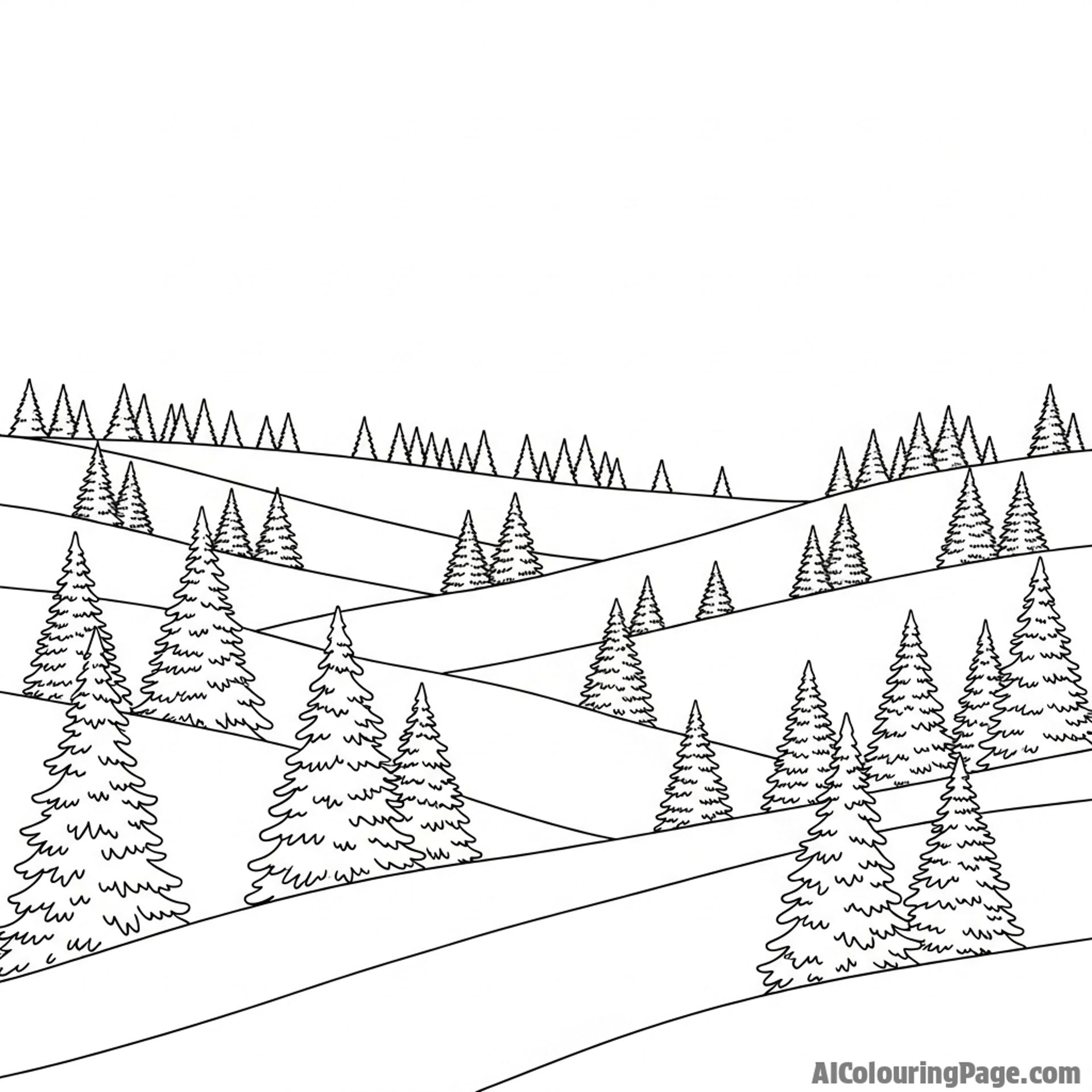 Rolling hills dotted with snow covered evergreens