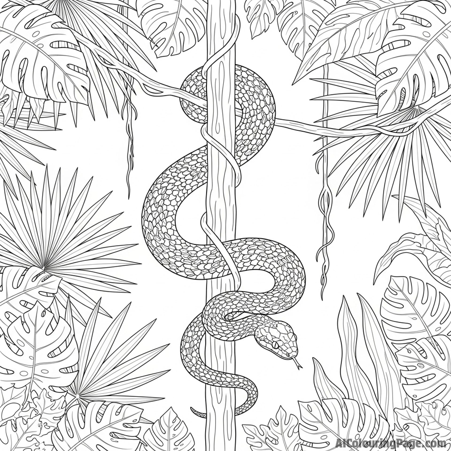 A tiny vine snake perfectly camouflaged on a hanging liana in a dense jungle.
