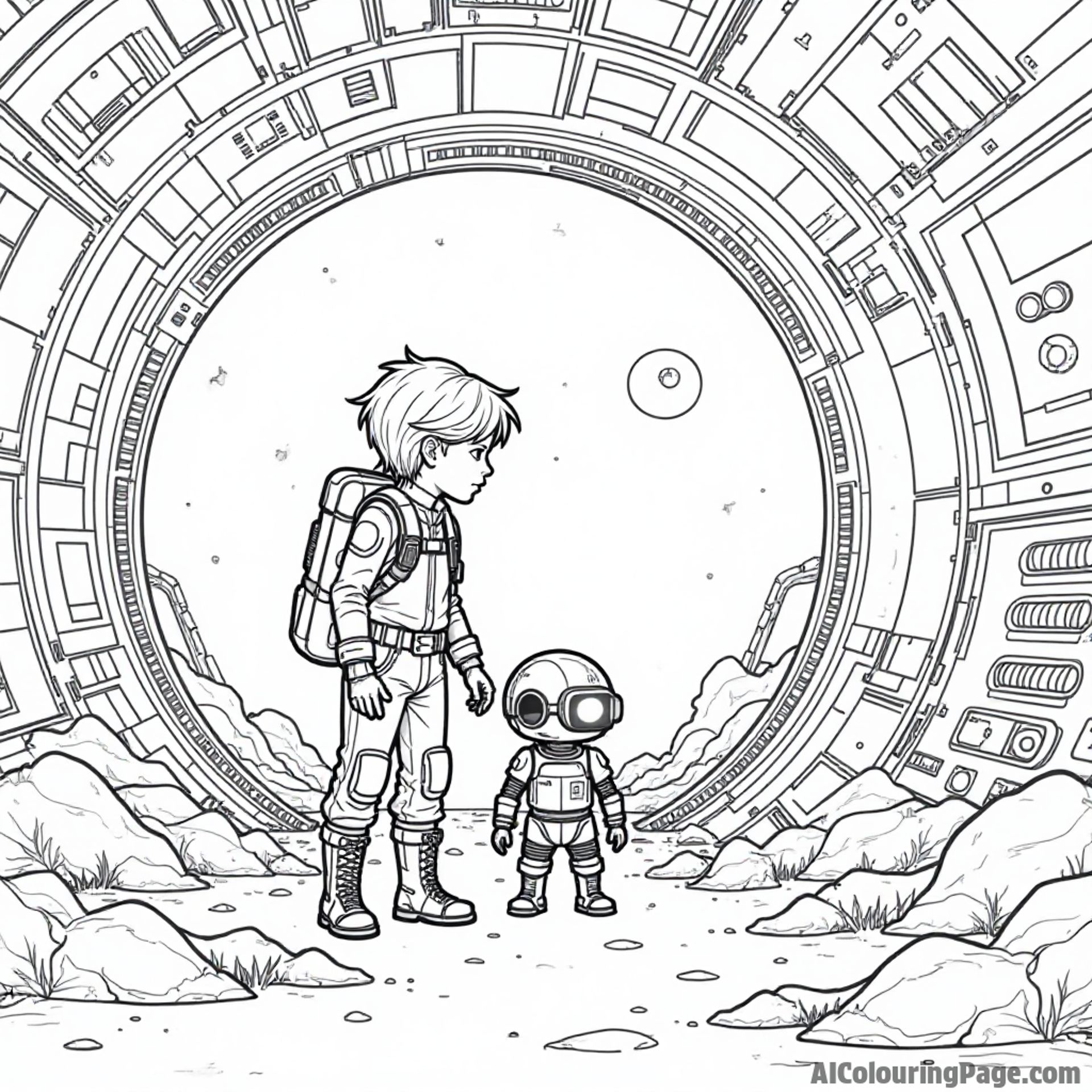 A young pilot and her trusted droid exploring an abandoned spaceship, filled with mysterious gadgets and glowing lights.