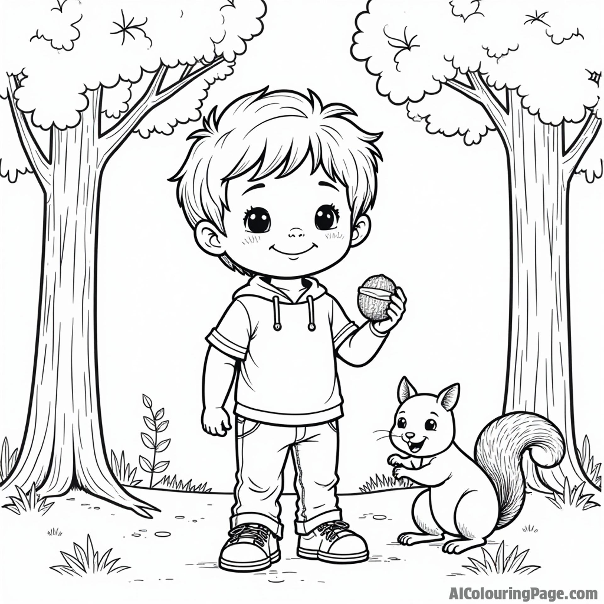 A fun illustration of a young child holding a Buckeye nut, surrounded by Ohio trees and a playful squirrel