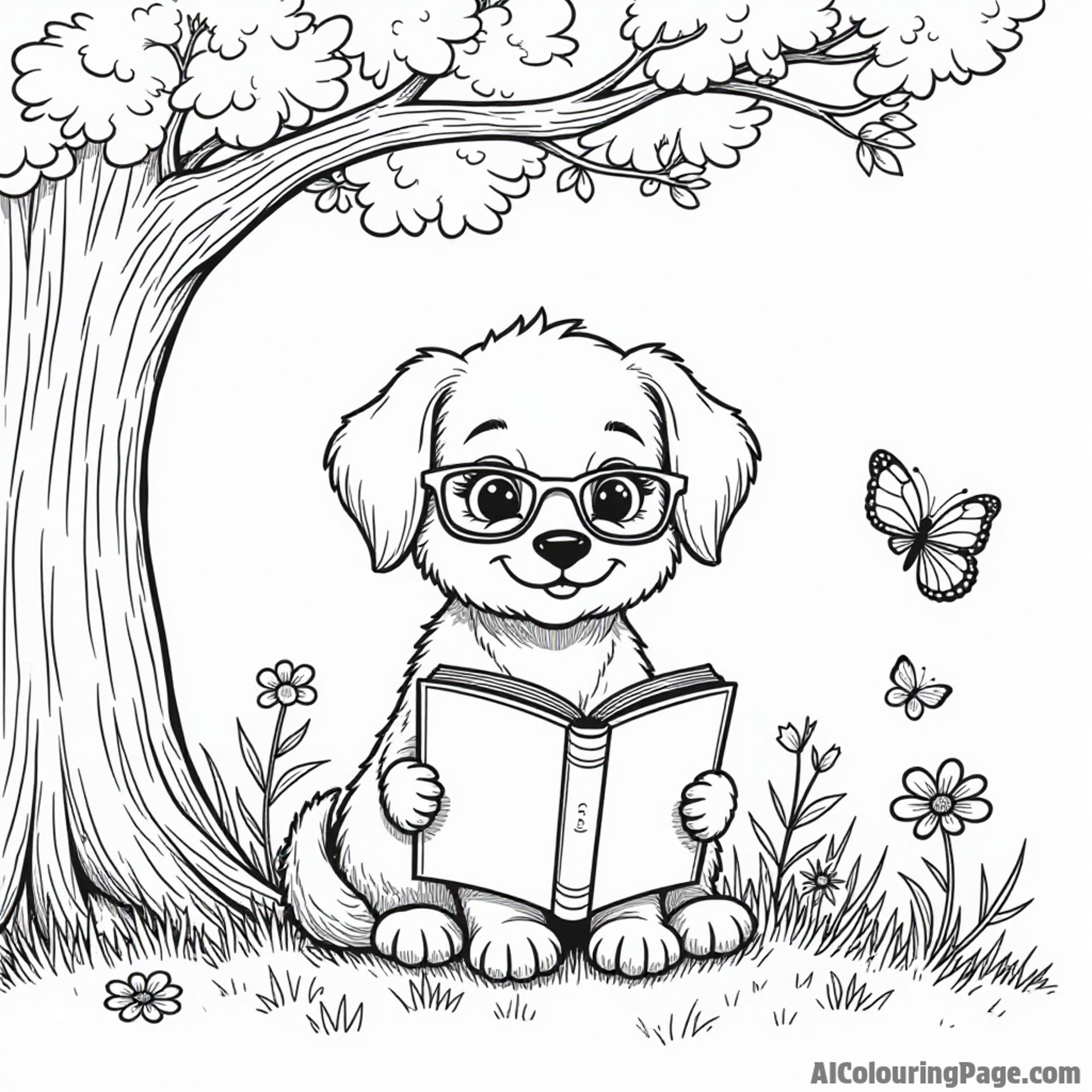 A puppy reading a book under a tree, with glasses on, surrounded by flowers, butterflies, and a gentle breeze blowing.