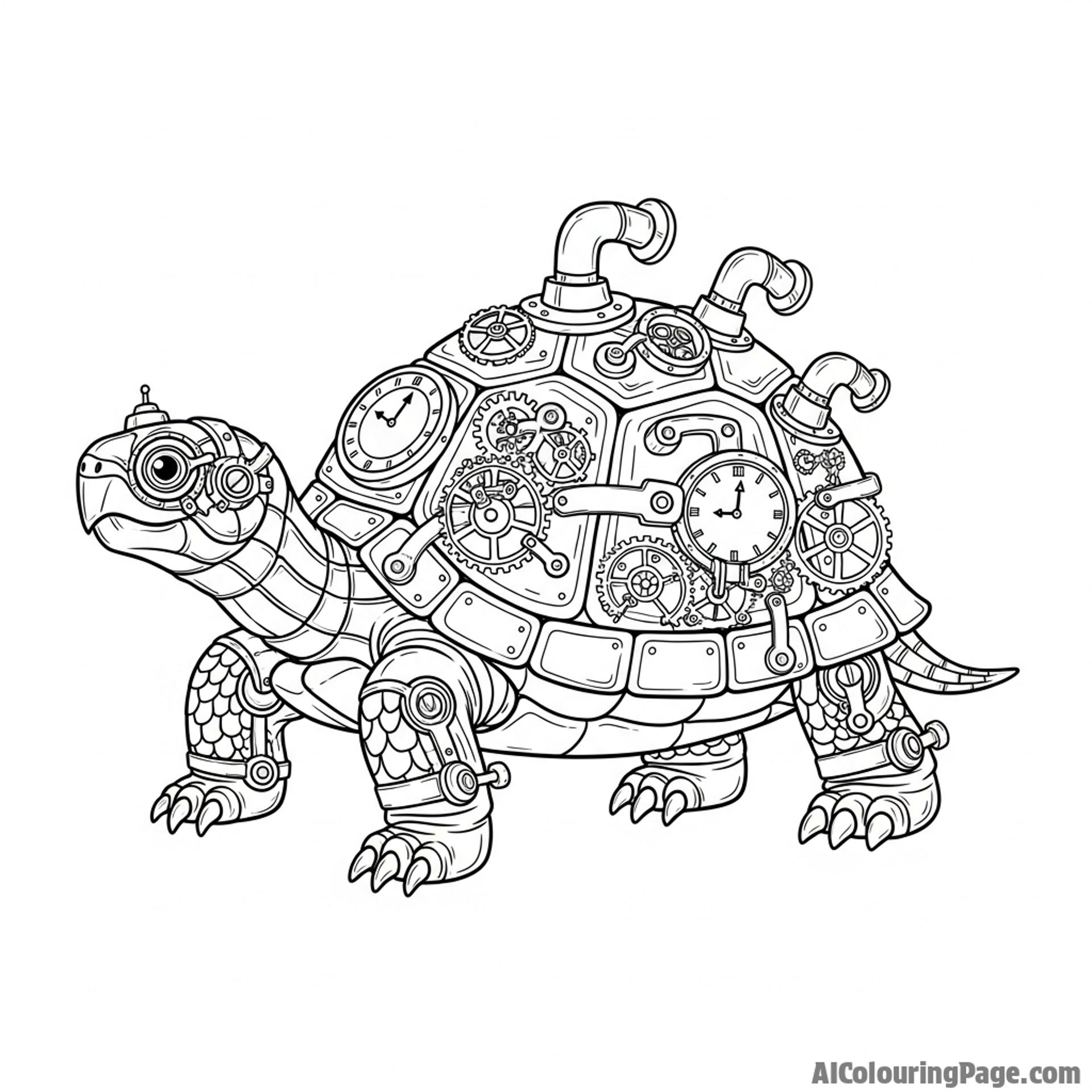 A steampunk turtle with brass gears and clockwork mechanisms.