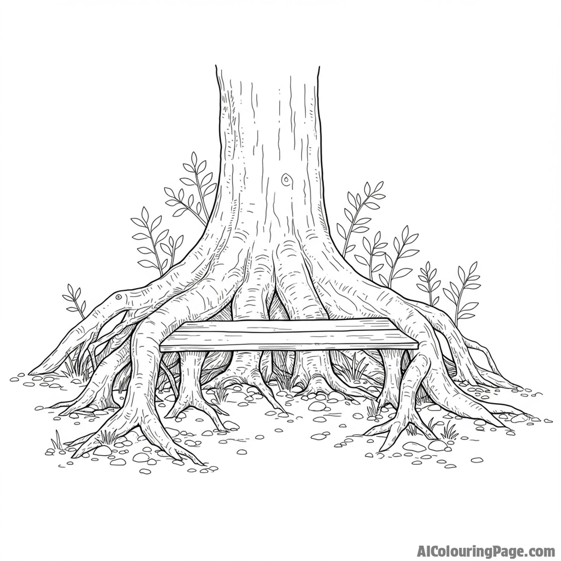 A tree root forming a natural bench beneath new growth.