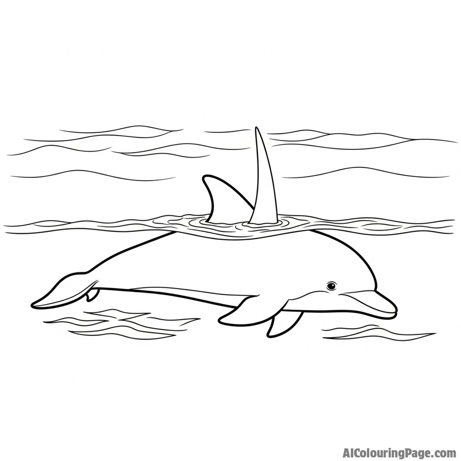 A dolphin gliding just beneath the water’s surface, its dorsal fin a sharp shape cutting through the tension.