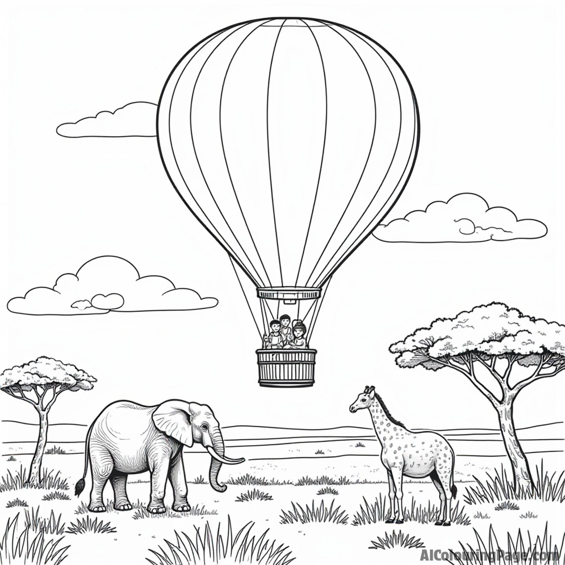 A safari-themed hot air balloon flying over a savannah, with elephants and giraffes visible below, inviting young adventurers to explore and color the wild landscape.