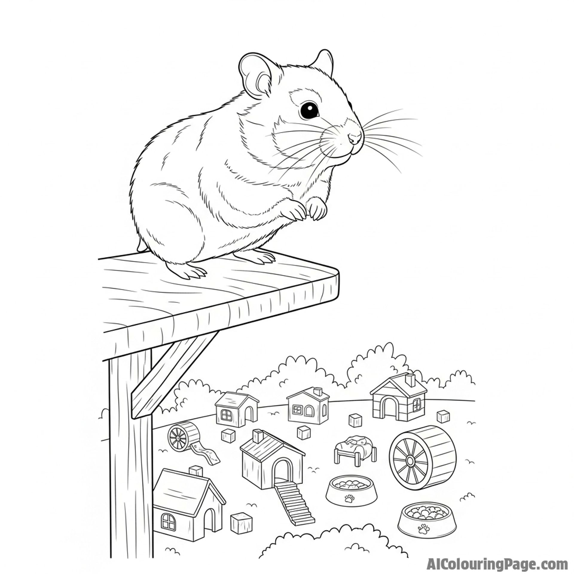 A cinematic shot of a hamster standing on a high perch, looking over its domain