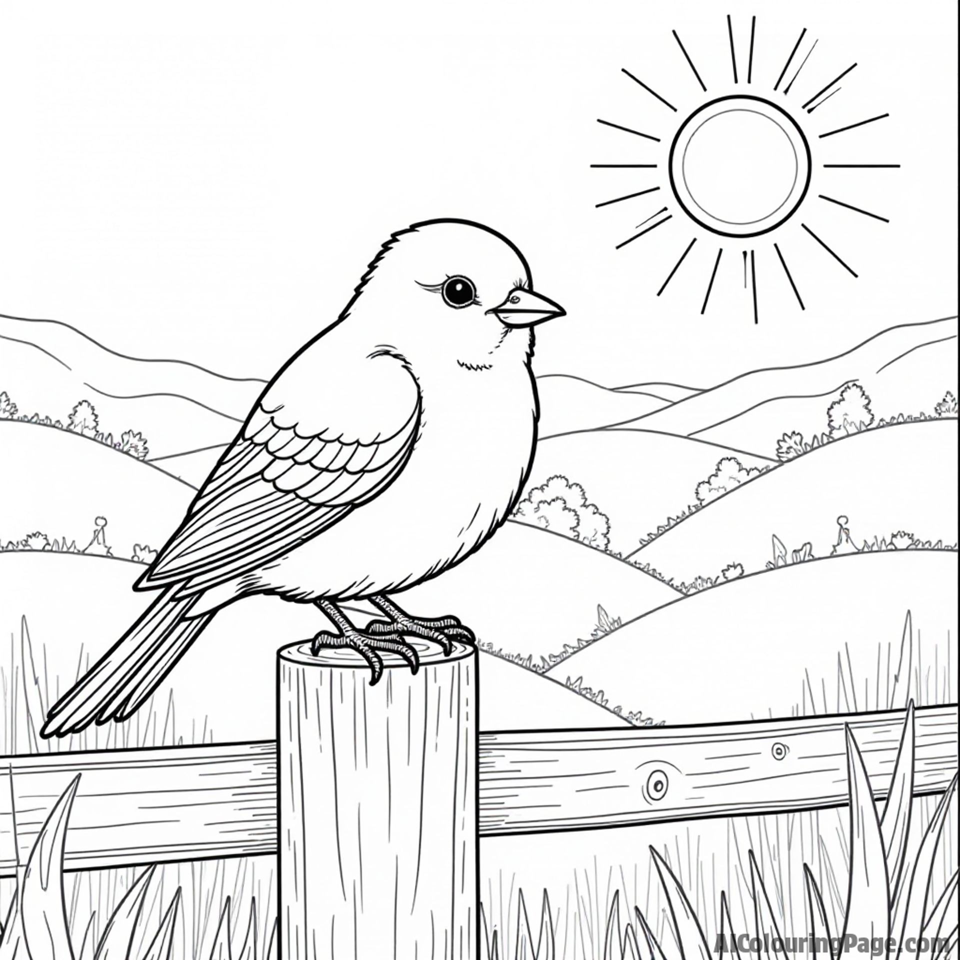 A cheerful bluebird perched on a wooden fence, with rolling Virginia hills and a bright sun in the background.