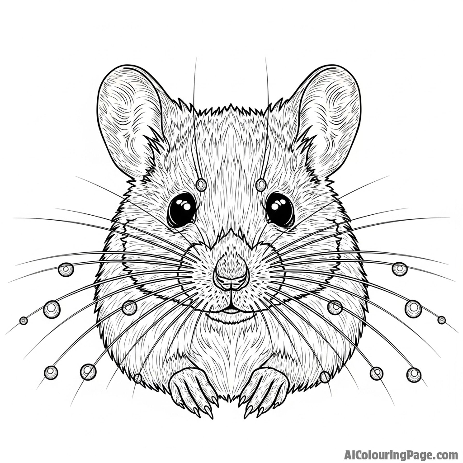 Macro photograph of a field mouse with dew drops on its long whiskers.