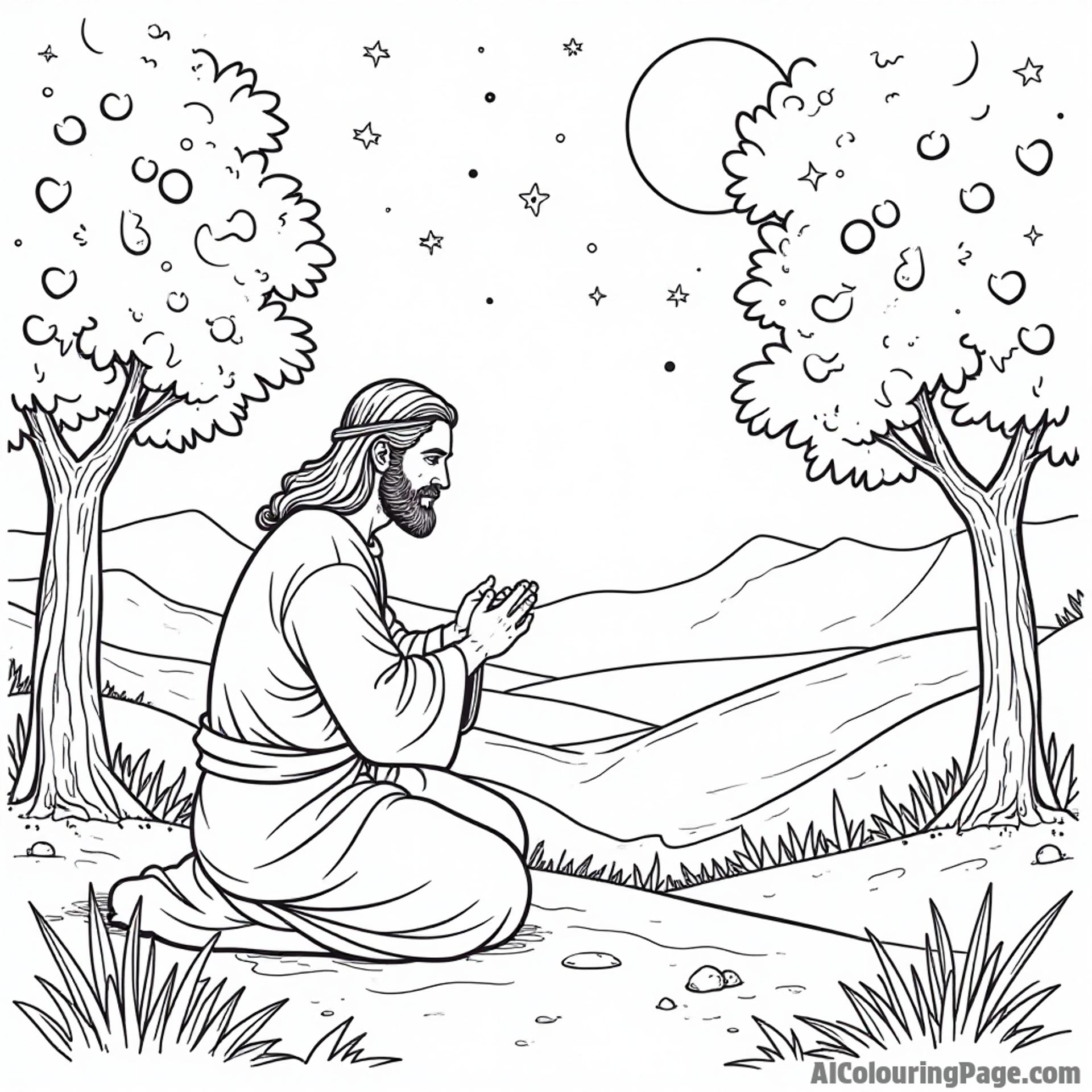 A serene moment of Jesus praying in the garden, surrounded by olive trees and a starry night sky above.