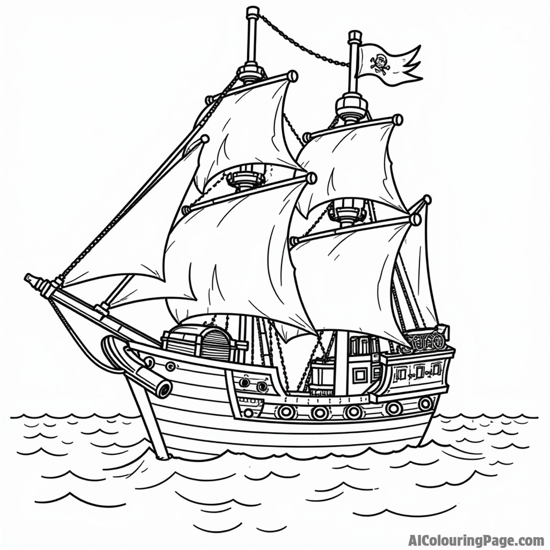 A LEGO pirate ship sailing on the ocean with colorful flags and a treasure chest on the deck.