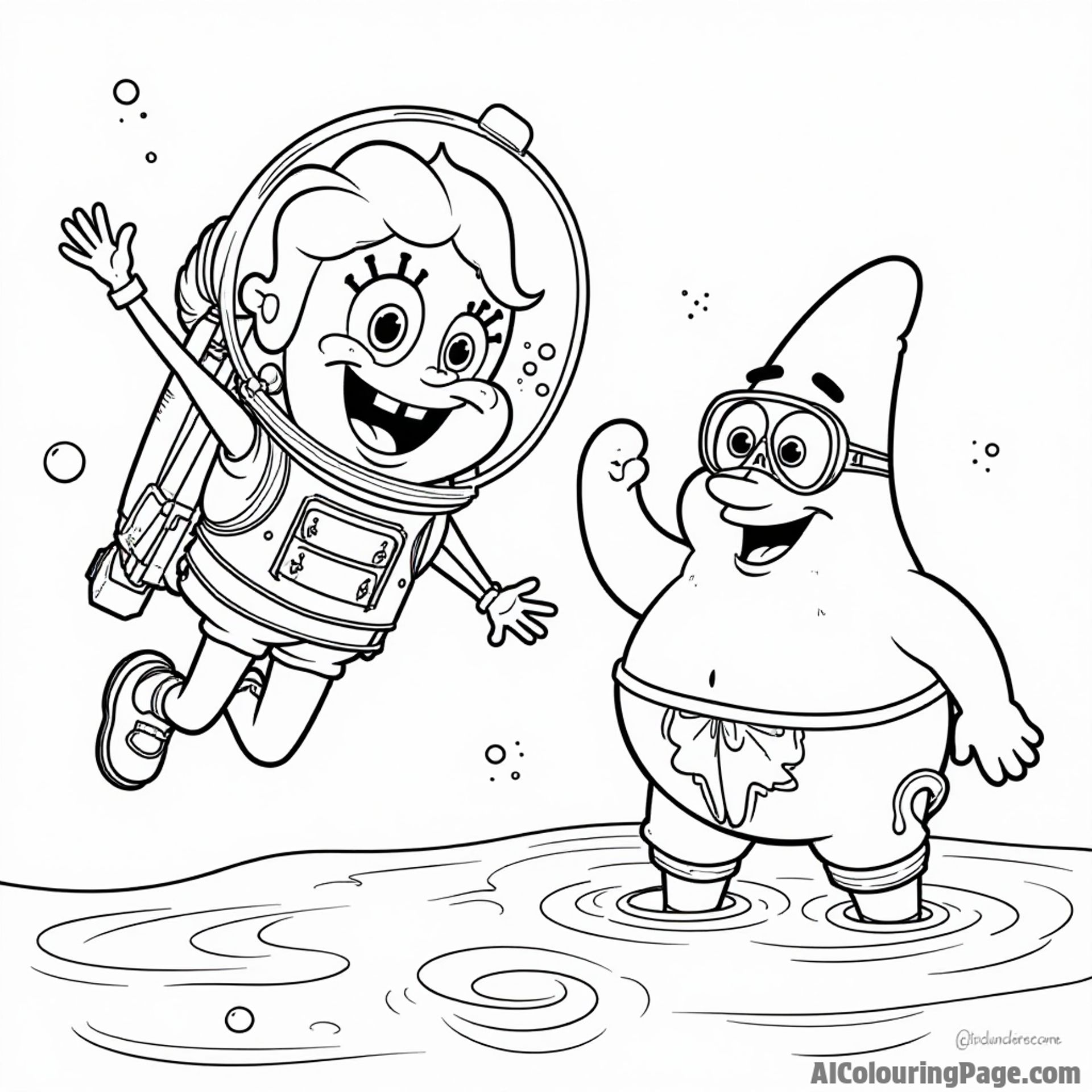 Sandy Cheeks in her space suit floating in the water next to SpongeBob and Patrick, who are wearing diving gear