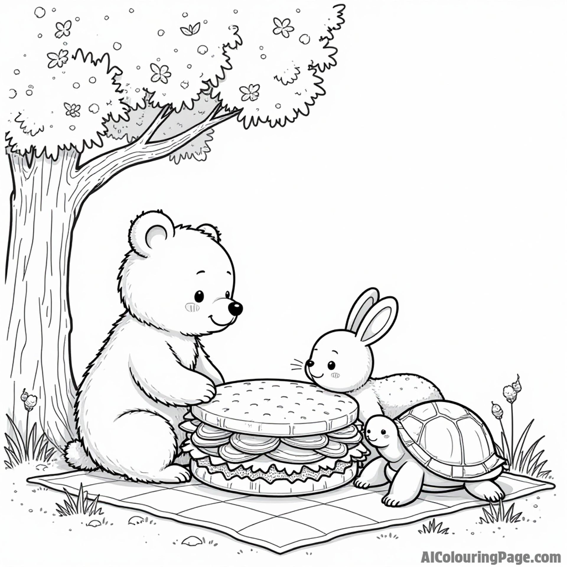 An adorable animal picnic scene featuring a bear, rabbit, and turtle sharing a giant sandwich under a shady tree.