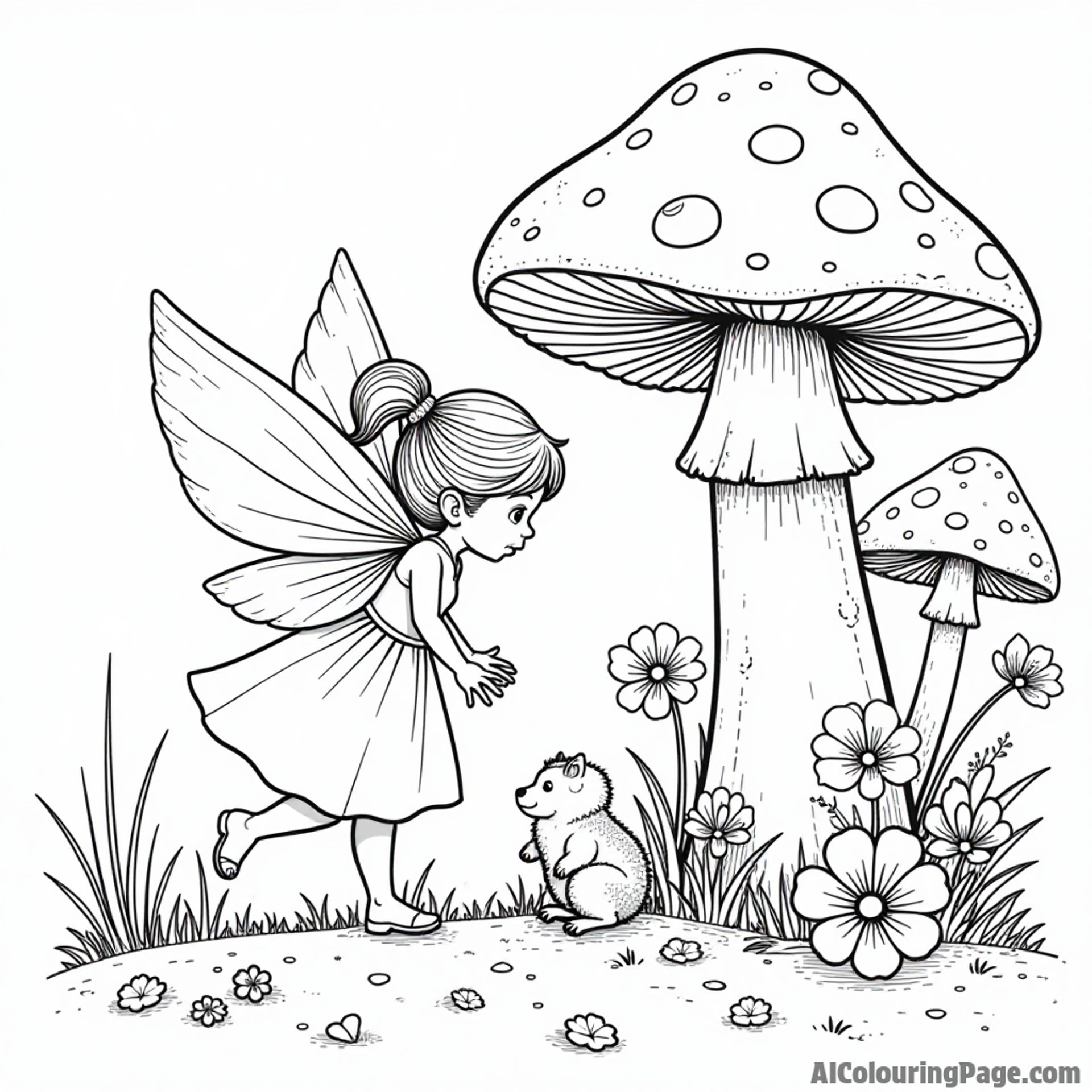 A fairy playing hide and seek with woodland creatures behind giant mushrooms and flowers