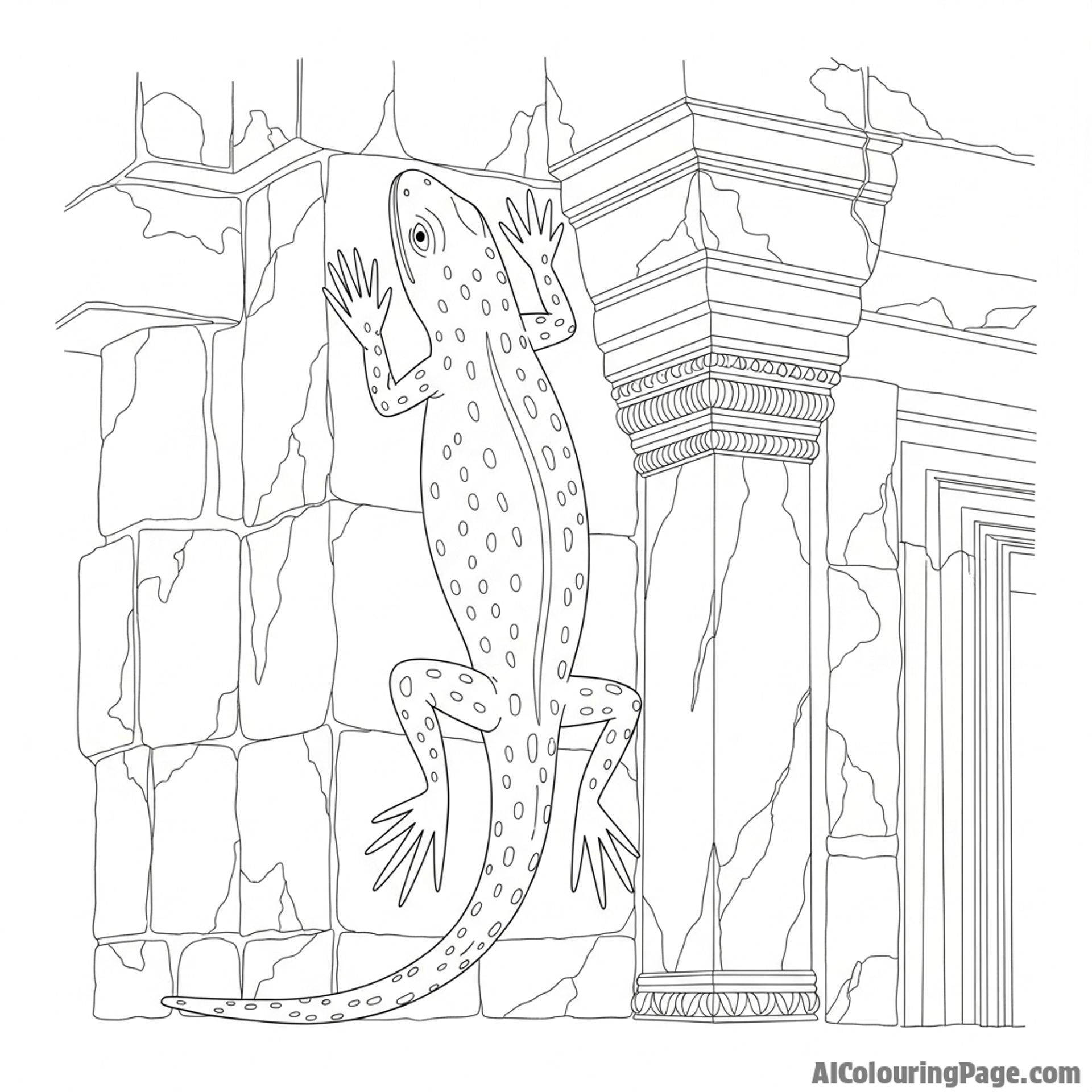 A stone sculpture of a lizard on an ancient temple.