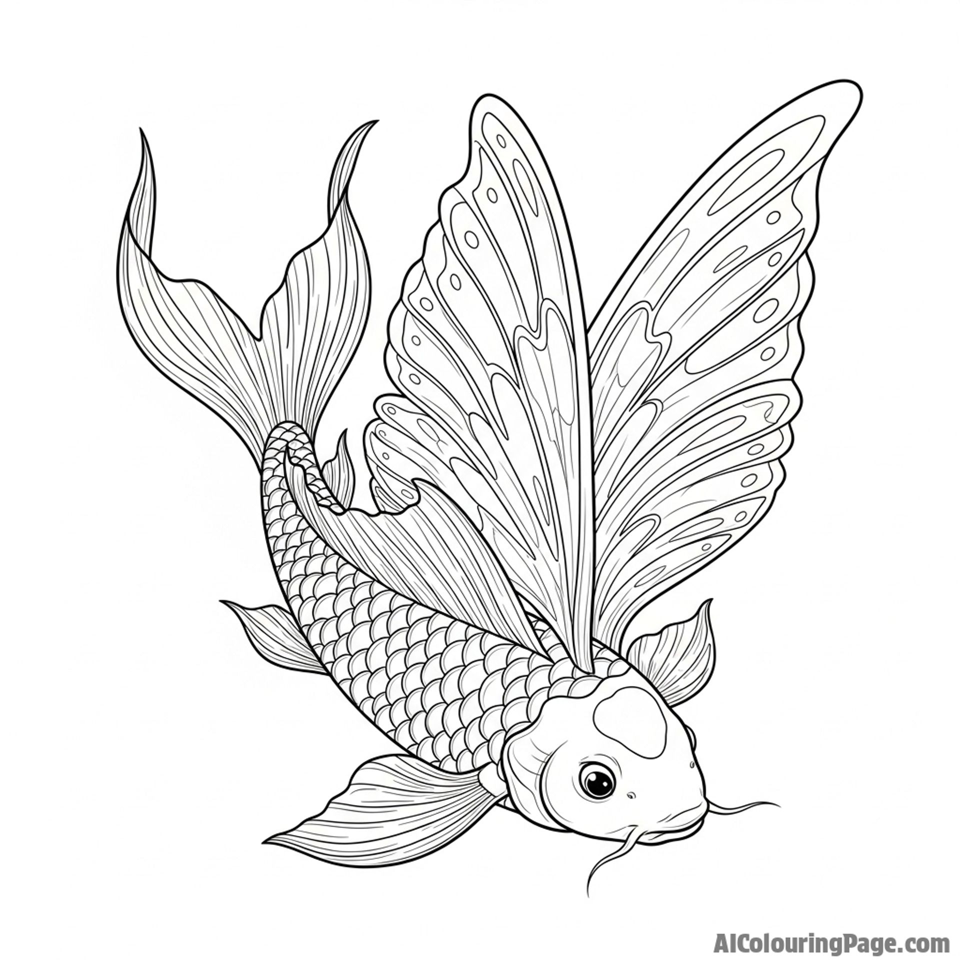 A fantastical koi with large, delicate fins that resemble butterfly wings.