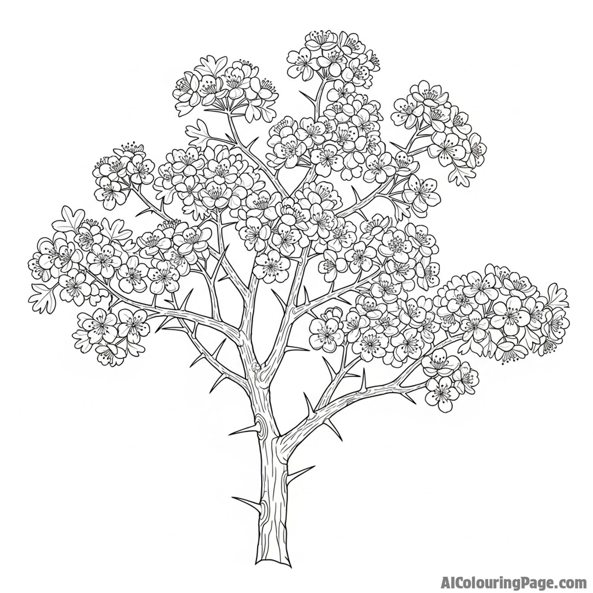 Hawthorn tree in full bloom, thorny branches, springtime vibe.