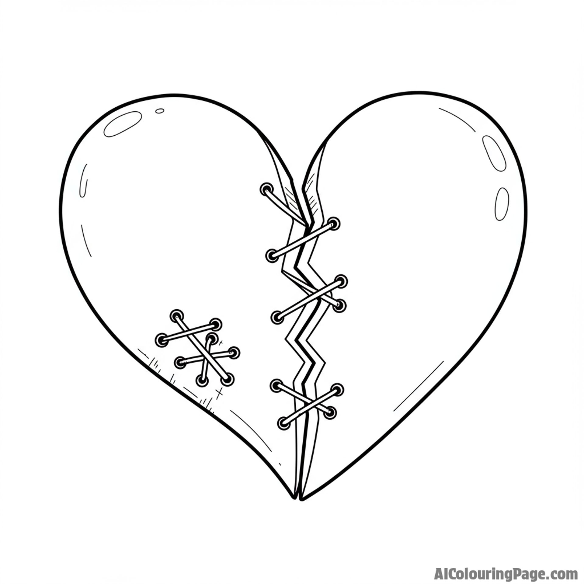 A broken heart mended with visible stitches.