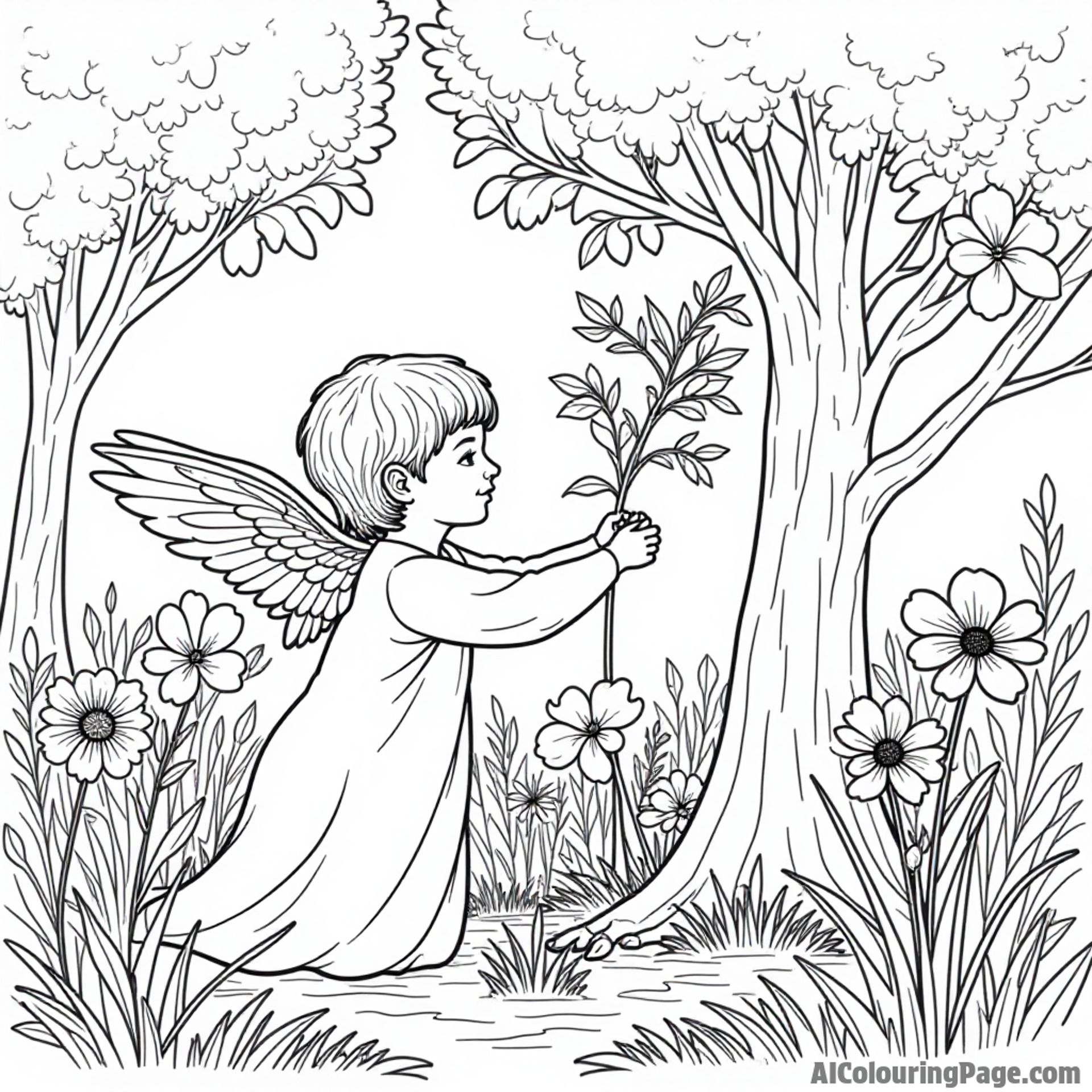 An angel planting a tree in a beautiful garden filled with vibrant flowers and playful woodland creatures.