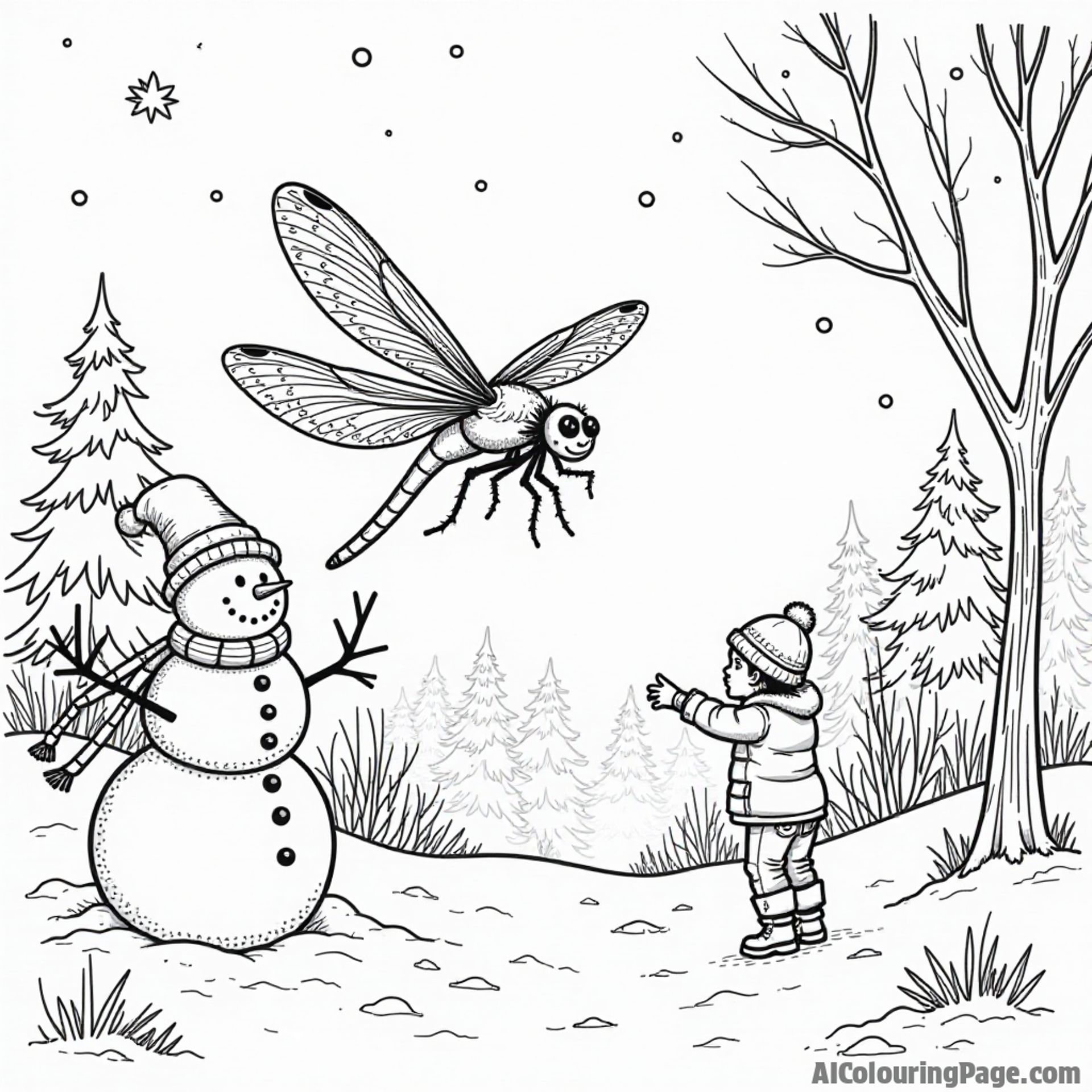 A dragonfly gliding through a snowy landscape with a snowman and playful children building a winter wonderland.