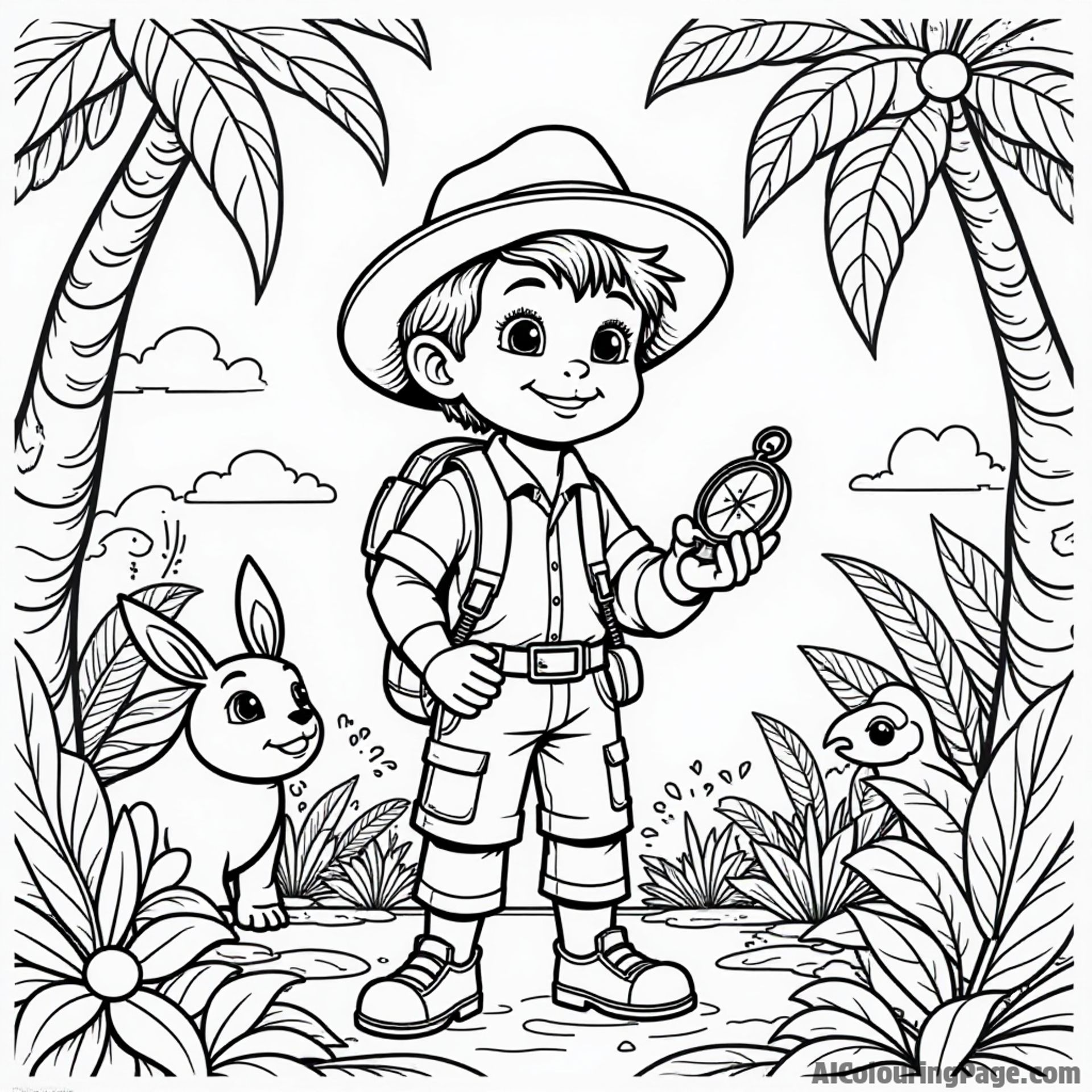 An explorer in a jungle holding a compass, surrounded by exotic animals and vibrant plants, creating an exciting scene for children to color their own adventure.