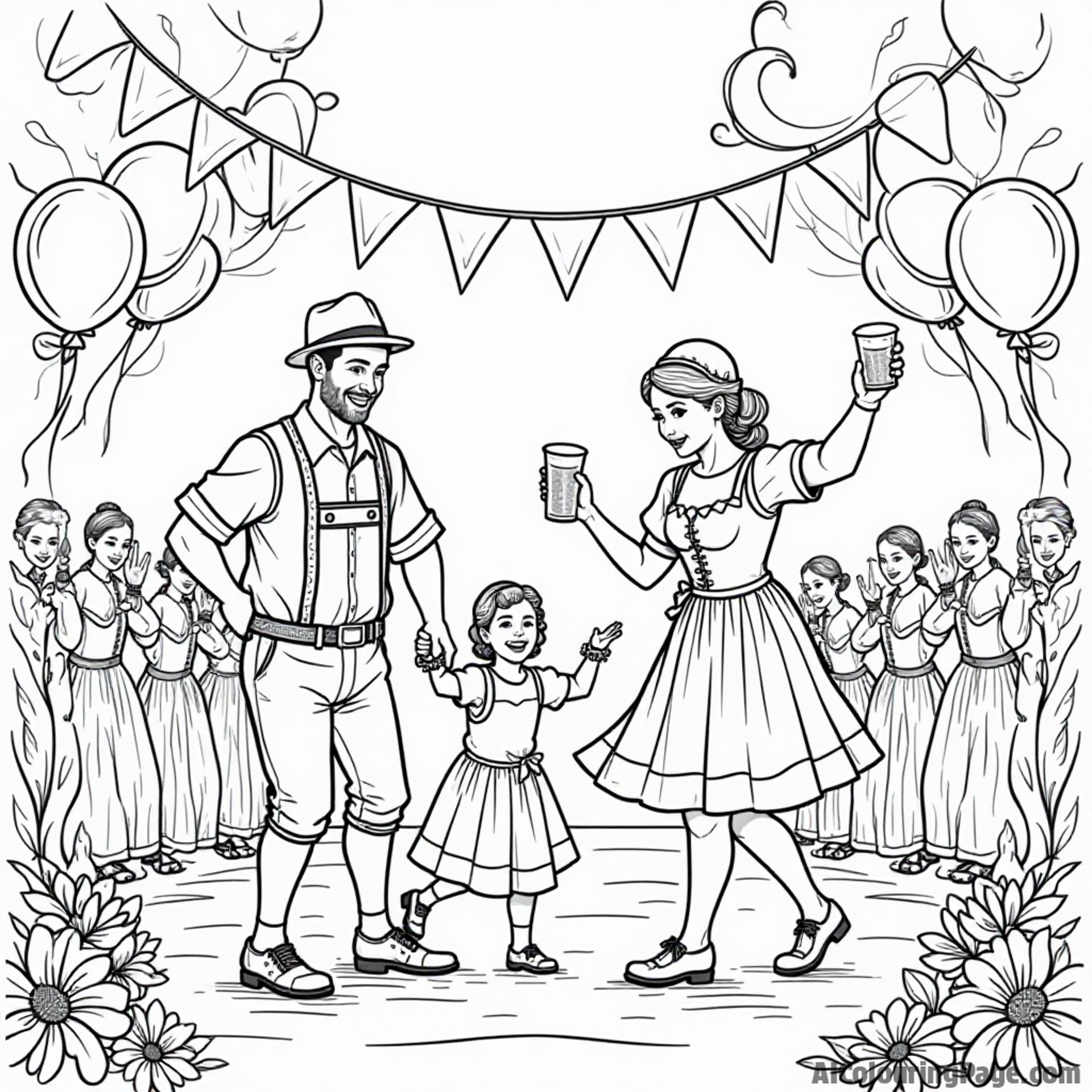 A vibrant Oktoberfest scene featuring a family participating in a traditional dance, surrounded by balloons, banners, and festive decorations, inviting children to bring the celebration to life.