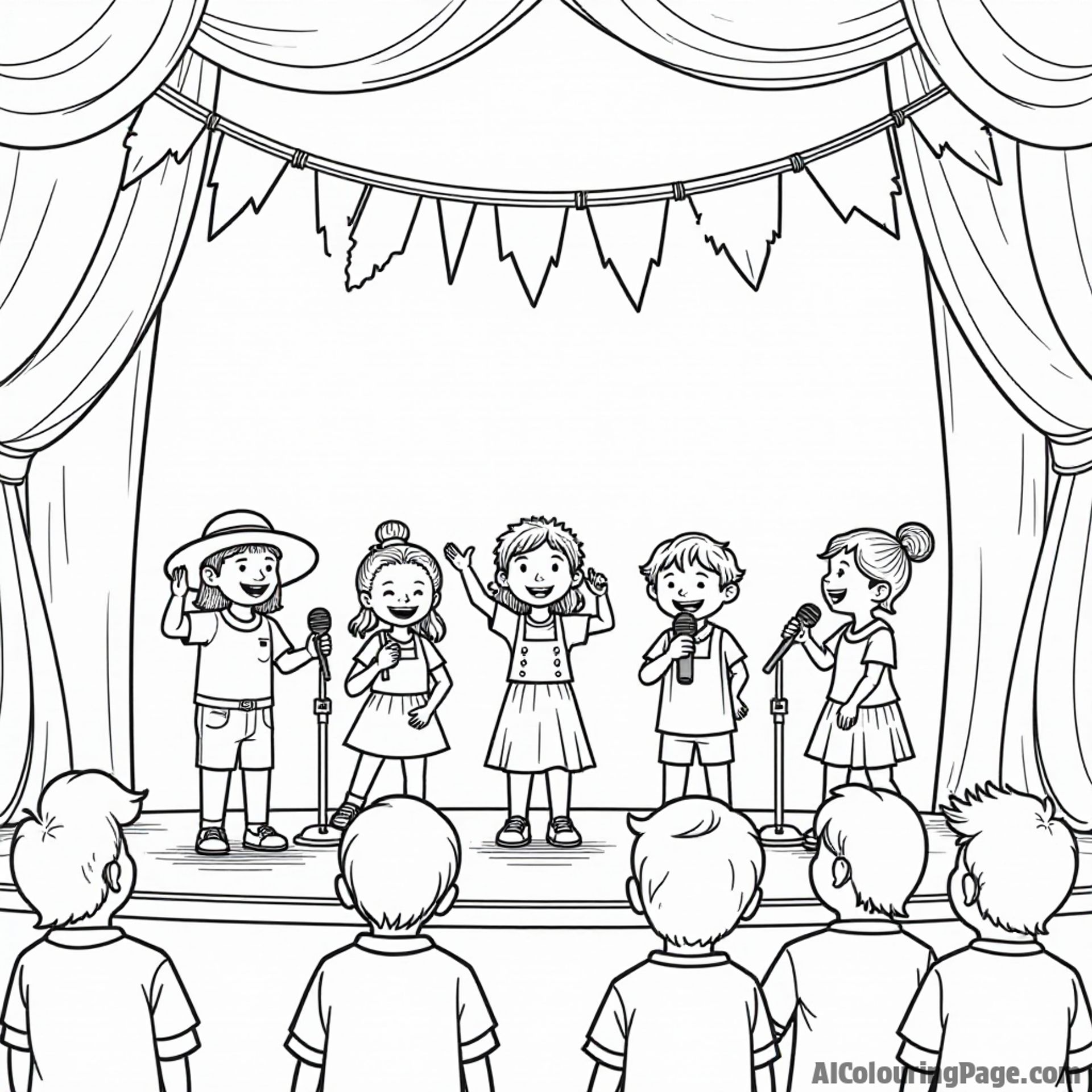 A delightful singing competition stage with kids performing, colorful banners hanging overhead, and a supportive audience cheering on, perfect for a Festivals and Traditions Coloring Sheet.
