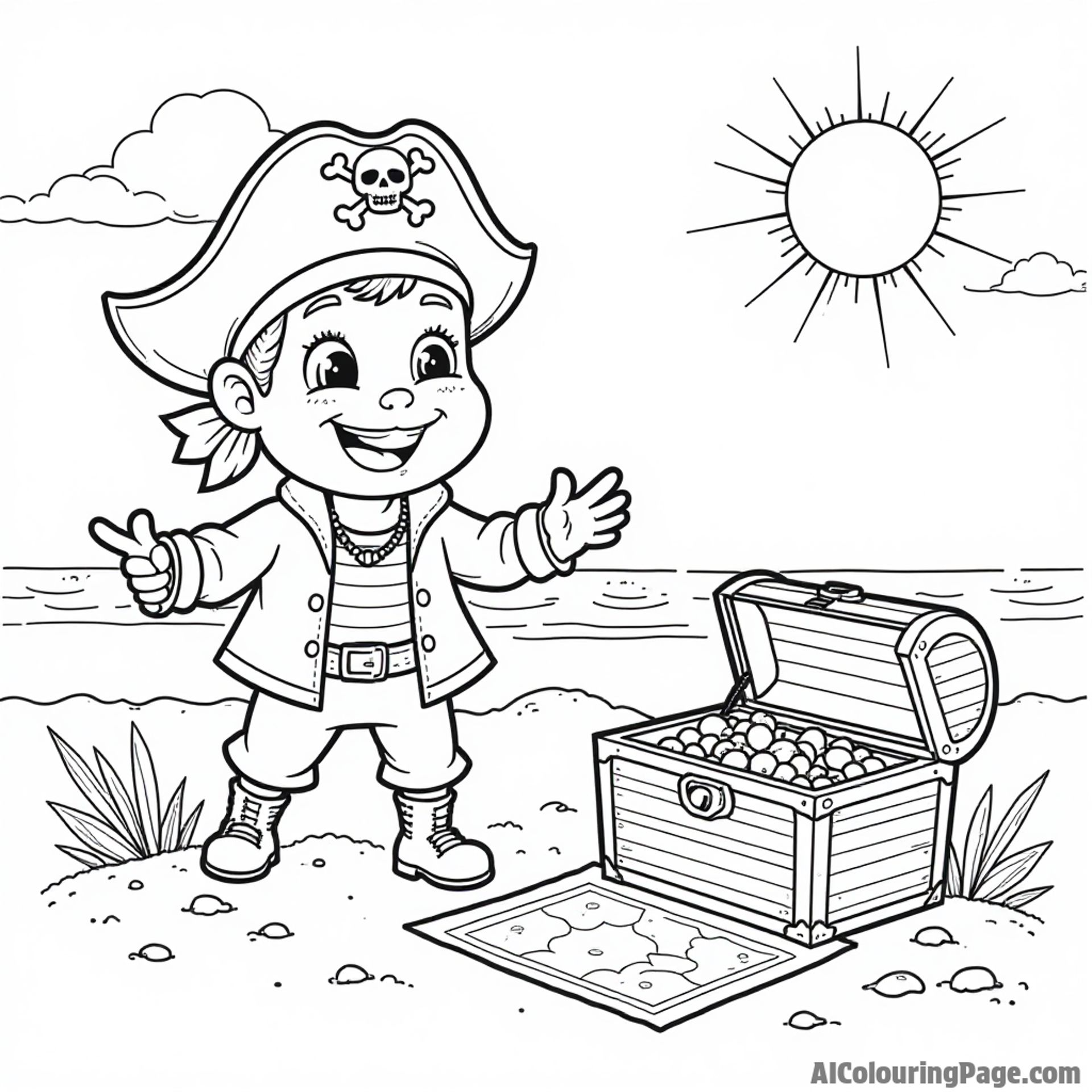 A fun treasure hunt scene with a cheerful pirate character, a playful treasure chest, and a colorful map on the sand.