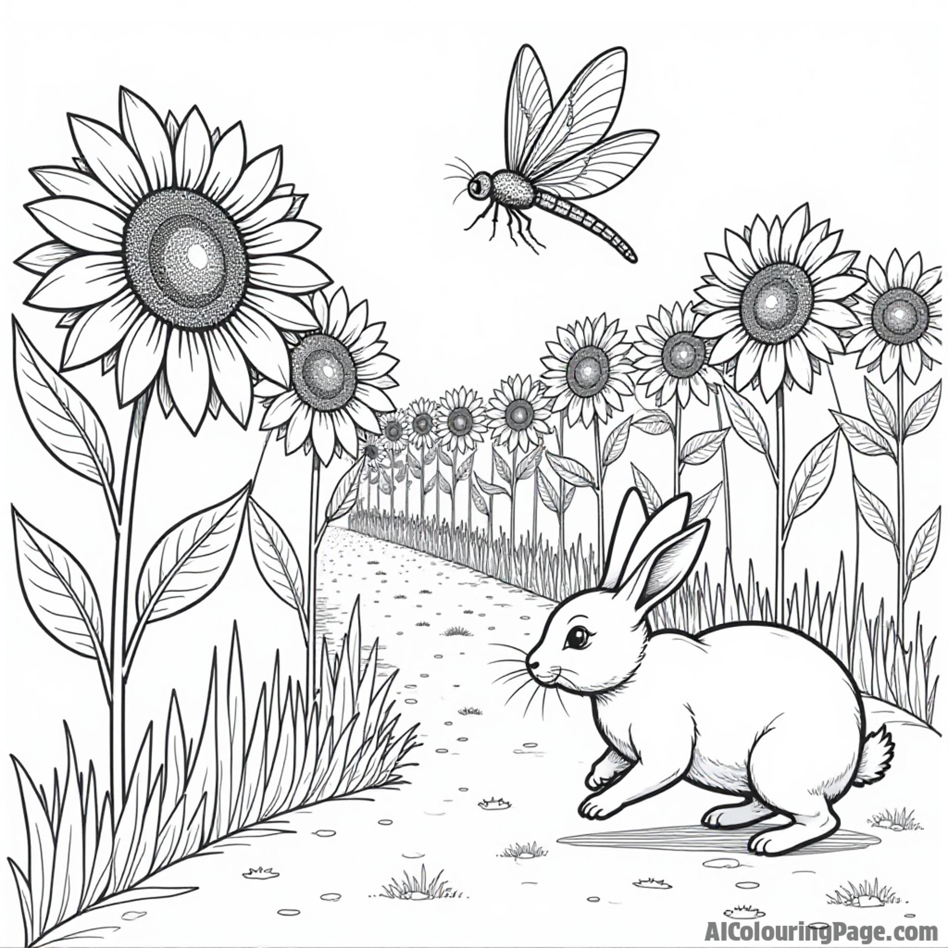 A dragonfly weaving through a maze of tall sunflowers while a happy rabbit hops along the path below.