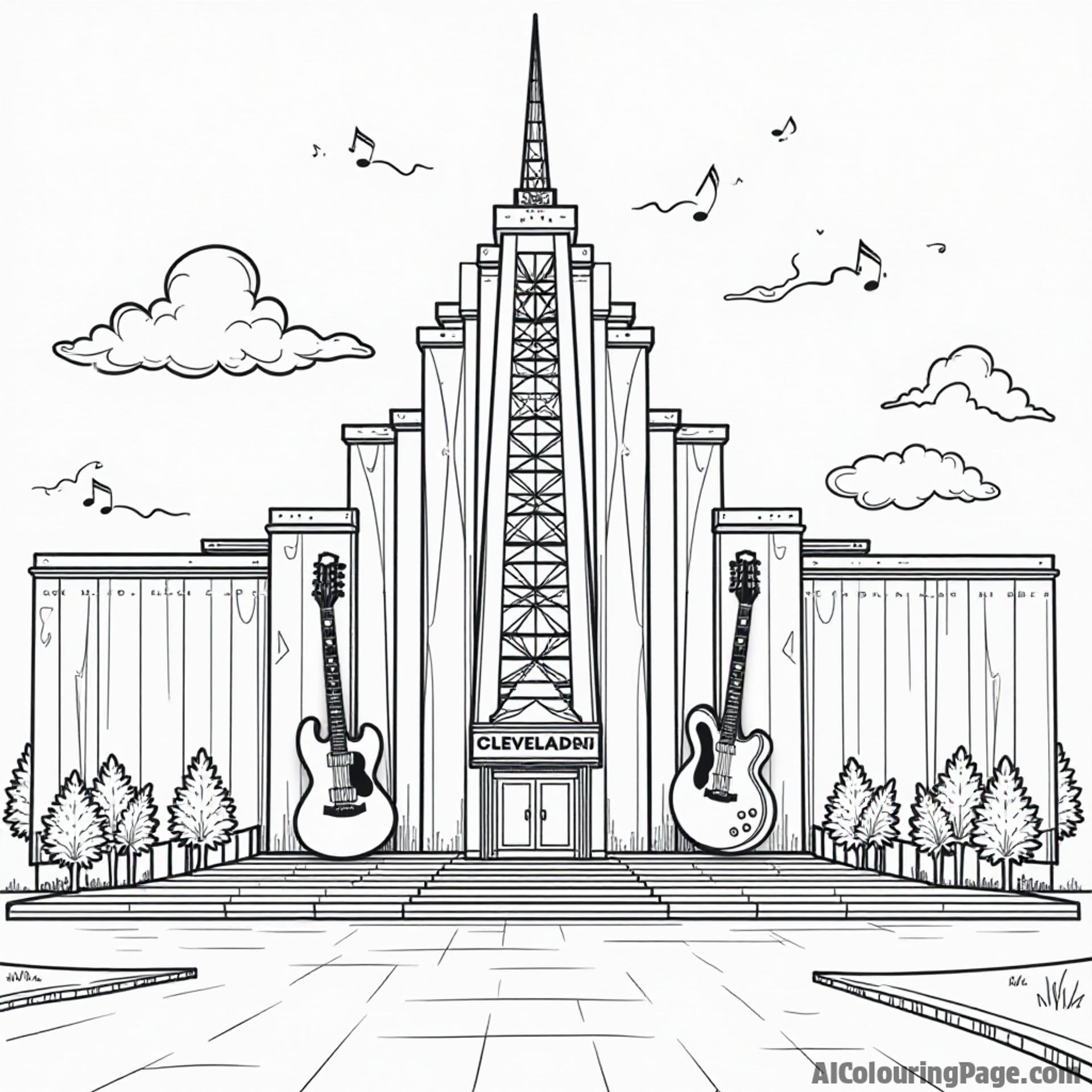 An outline of the famous Rock and Roll Hall of Fame building in Cleveland, with musical notes and guitars for coloring