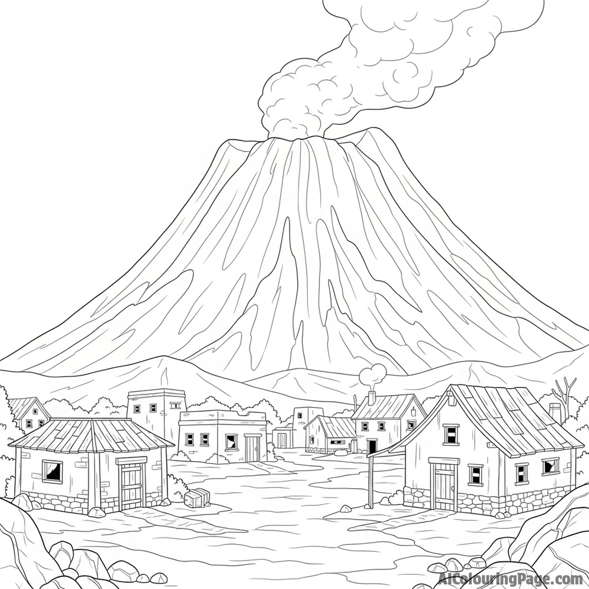 A deserted village near a dormant volcano.