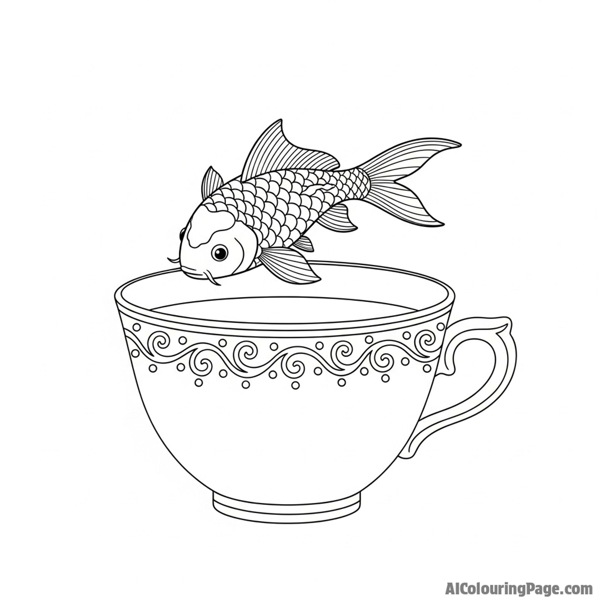 A whimsical scene of a miniature koi swimming inside a porcelain teacup.