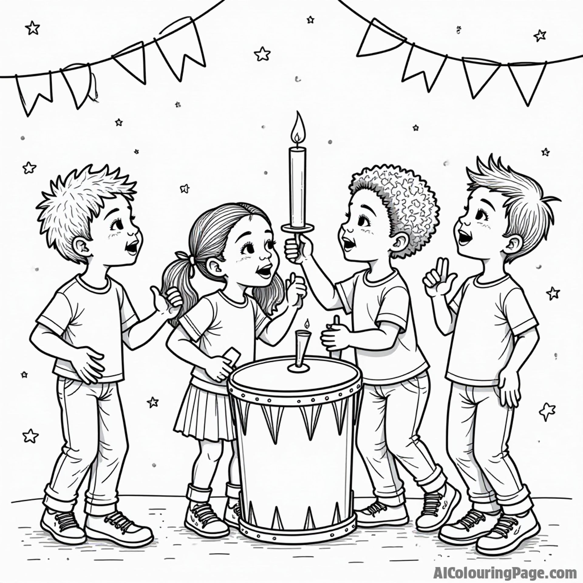 Children participating in a Kwanzaa celebration, dancing and singing together, surrounded by drums and festive decorations, capturing the spirit of community for an engaging coloring page.