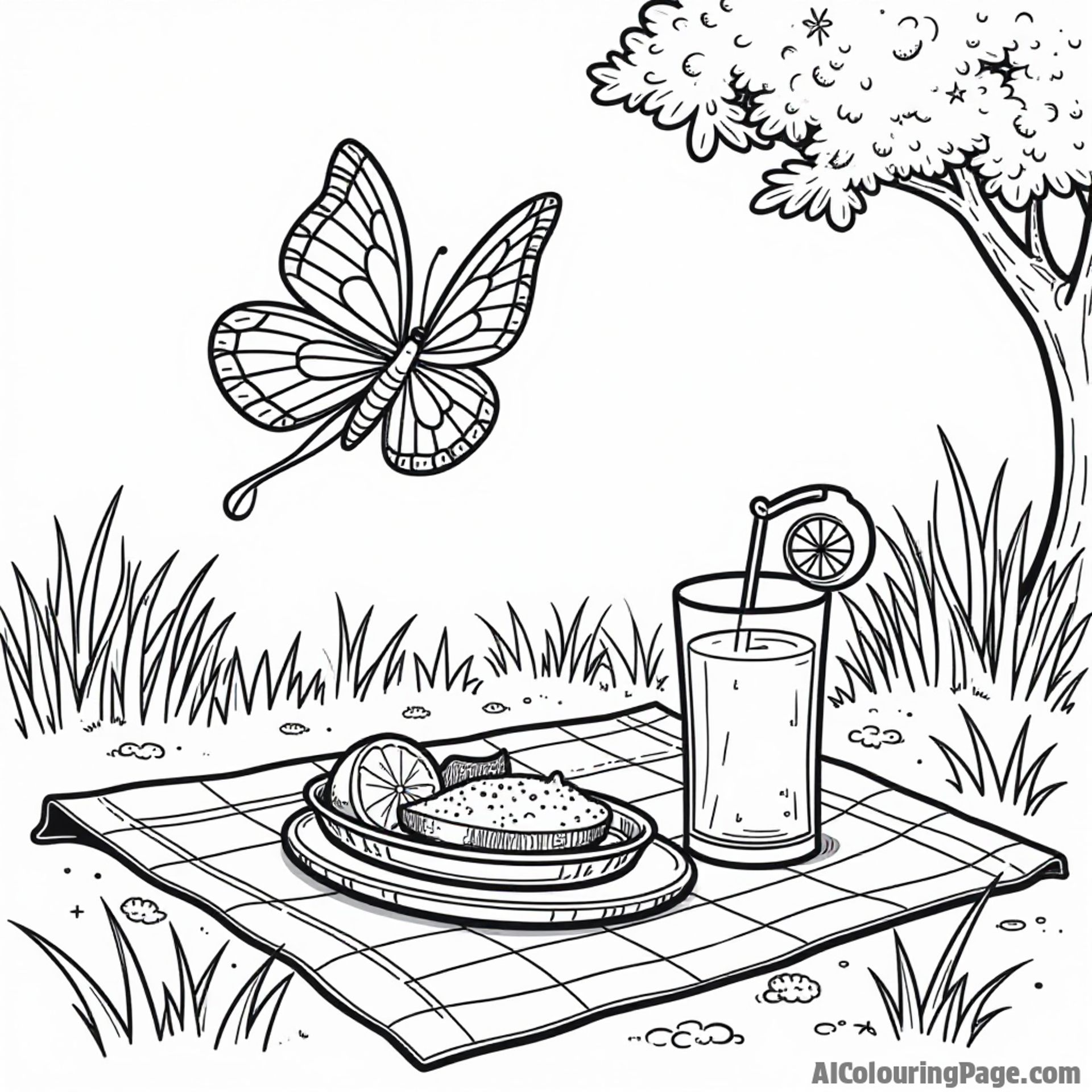 A butterfly flying over a picnic blanket with food and lemonade, inviting kids to color a summer adventure.
