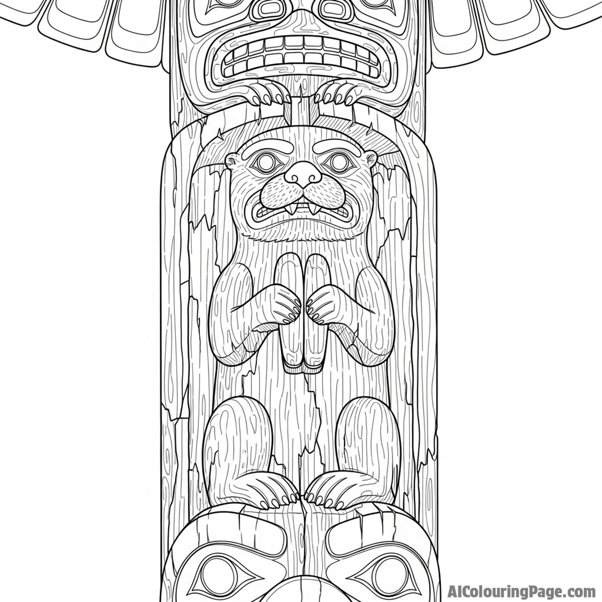 An otter figure carved into a weathered, ancient totem pole.