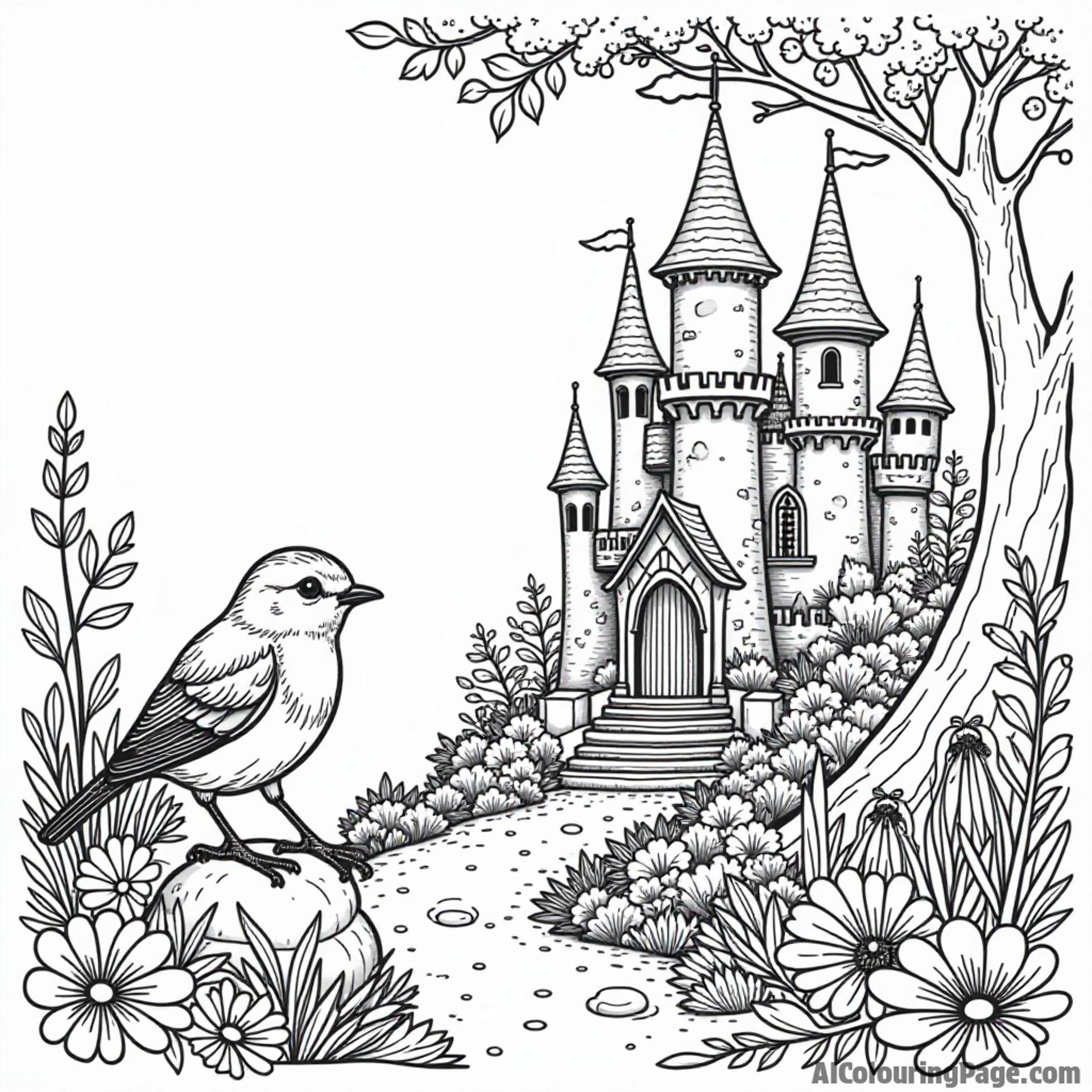 A robin exploring an enchanted castle garden filled with magical creatures and flowers, creating a whimsical coloring adventure.