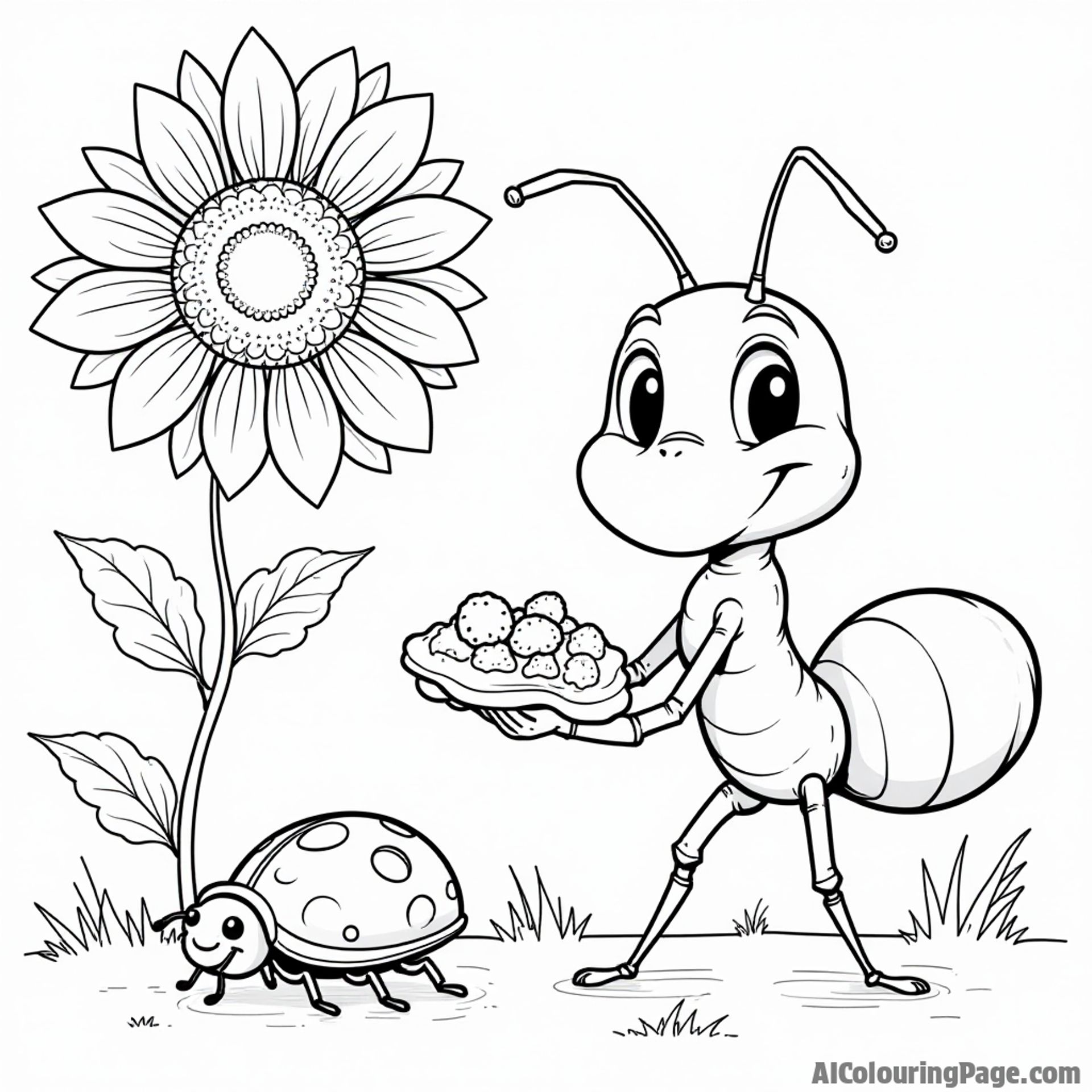 A busy ant carrying a crumb with a smiling ladybug and a sunflower in the background, great for coloring pages.