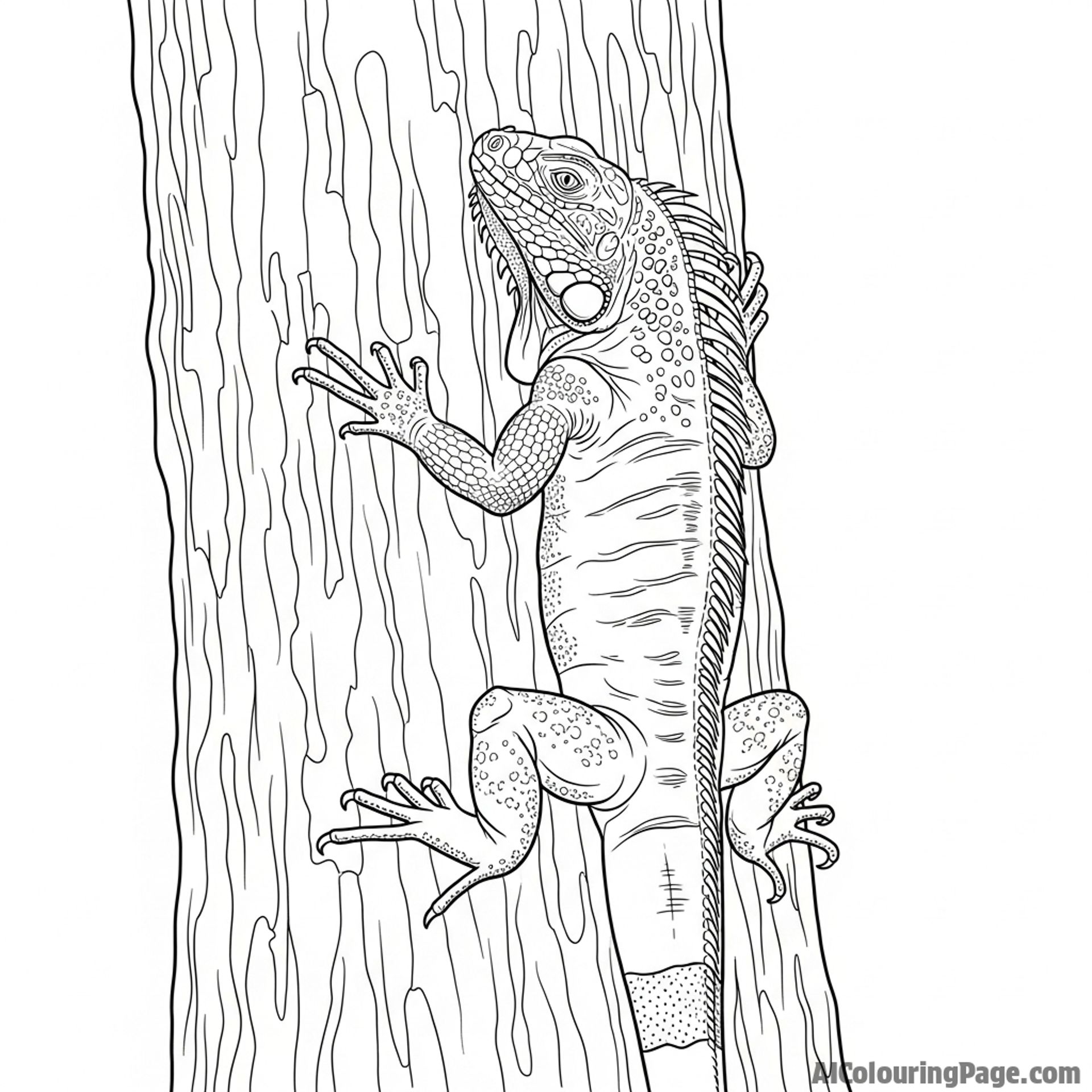 A powerful iguana clinging vertically to the rough bark of a giant tree.
