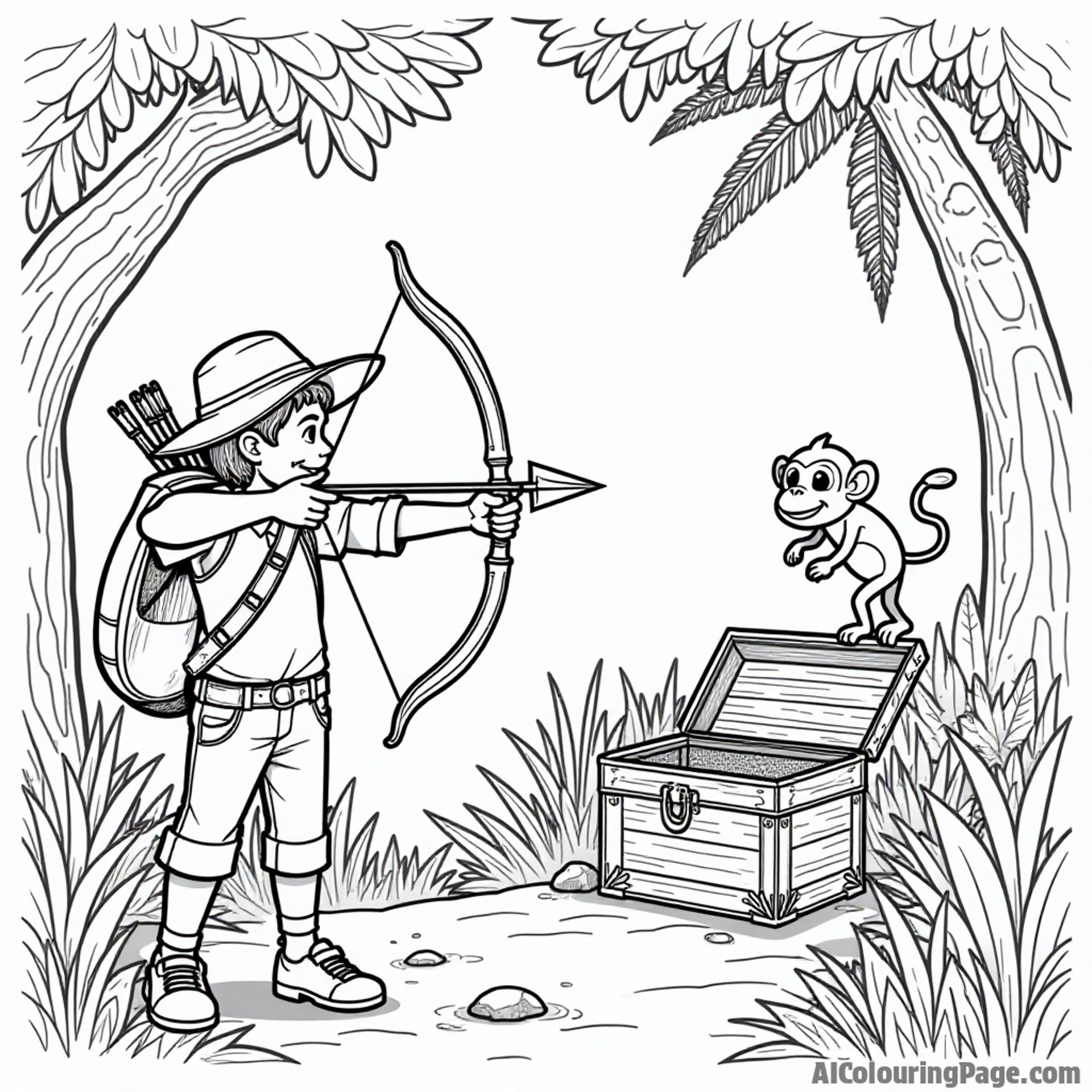 An adventurous explorer aiming a bow and arrow at a treasure chest target, with jungle foliage and playful monkeys in the background, encouraging creativity in this fun-filled scene.