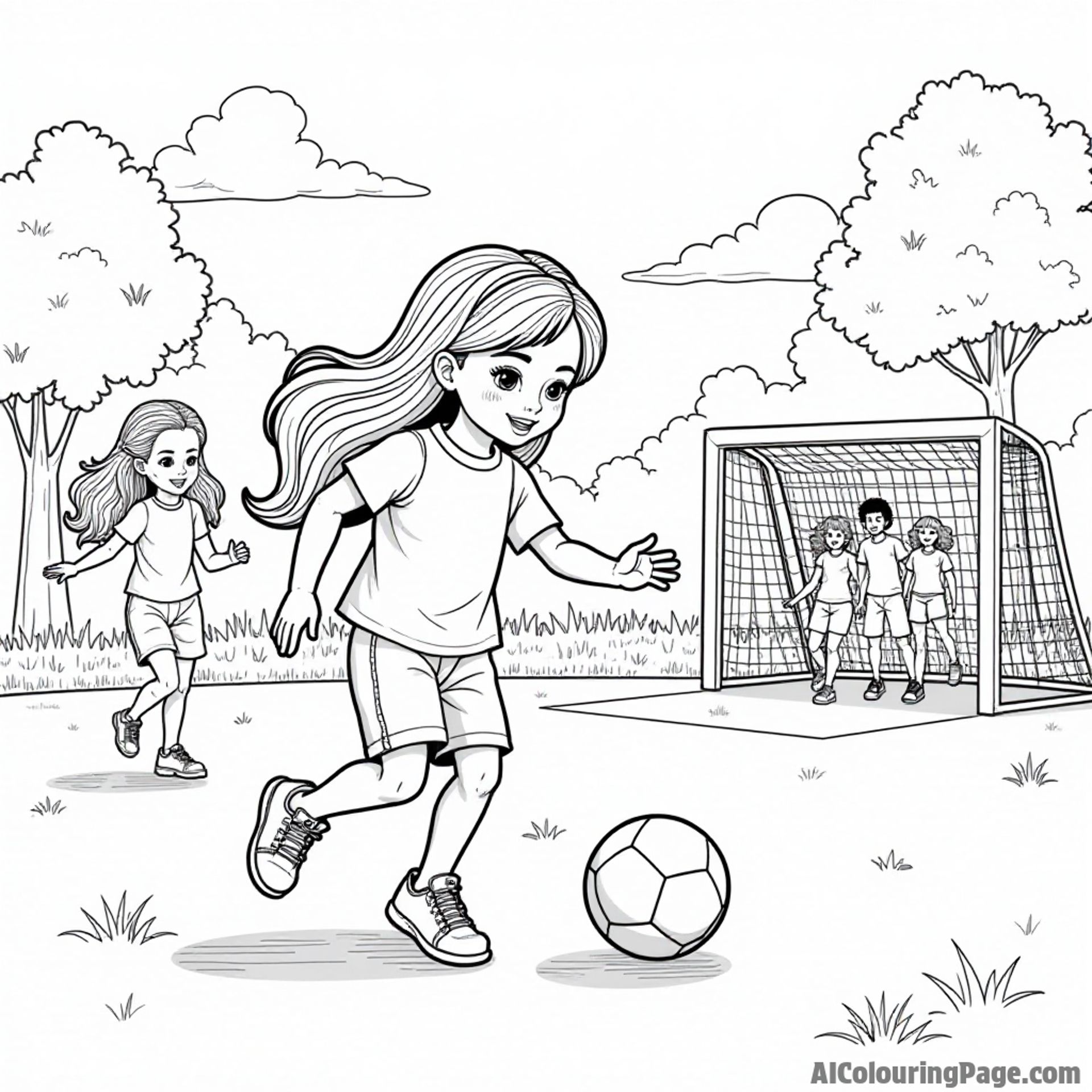 A doll playing soccer with her friends in a park, with a soccer ball, goalpost, and cheering crowd around.