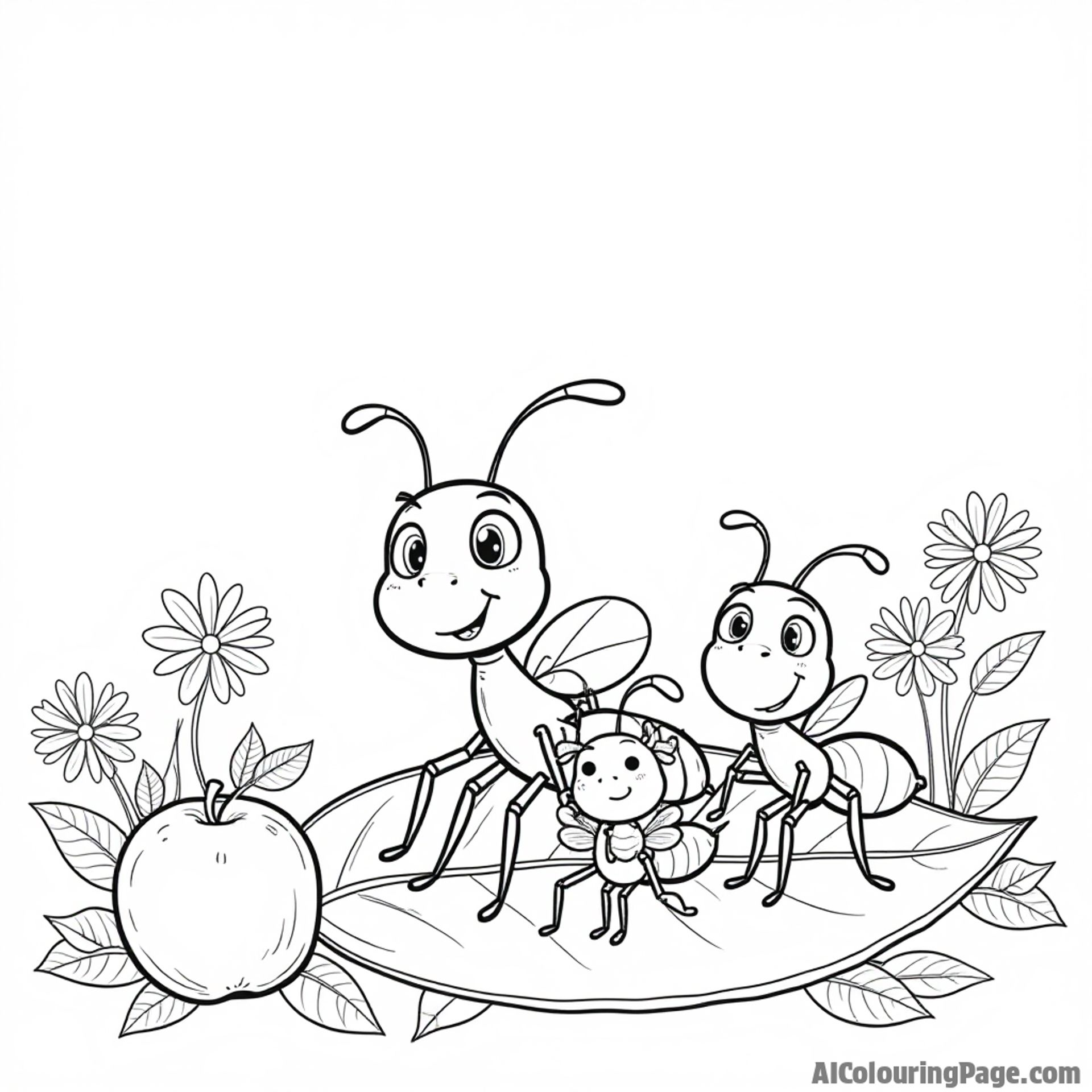 A friendly ant family having a picnic on a leaf with fruits and flowers surrounding them, ideal for coloring fun.