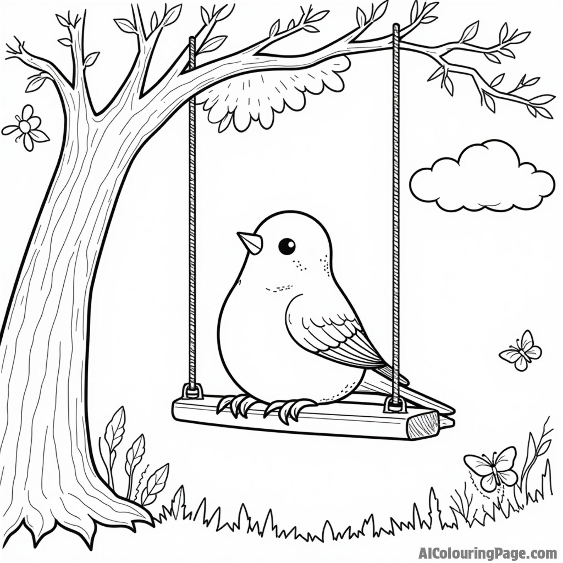 A robin sitting on a swing hanging from a tree, with clouds and butterflies fluttering nearby, ready for coloring fun.