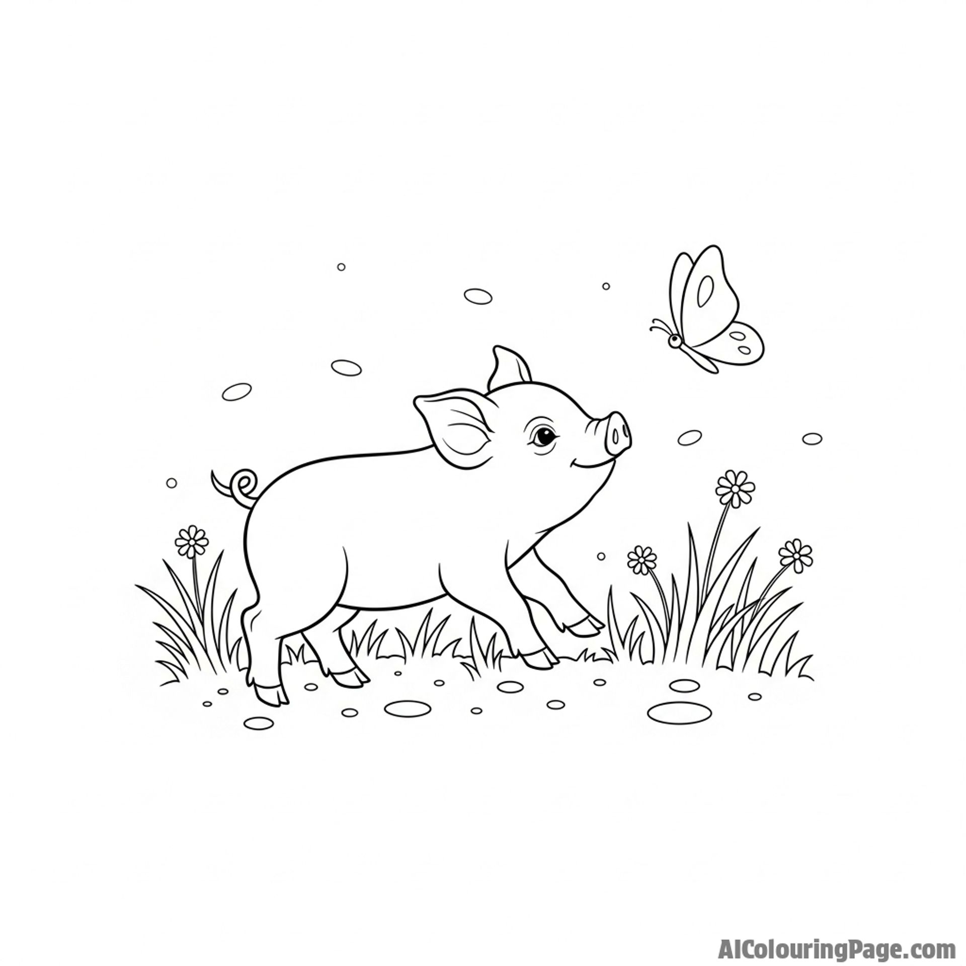 A piglet chasing a fluttering butterfly through a sun-dappled meadow.