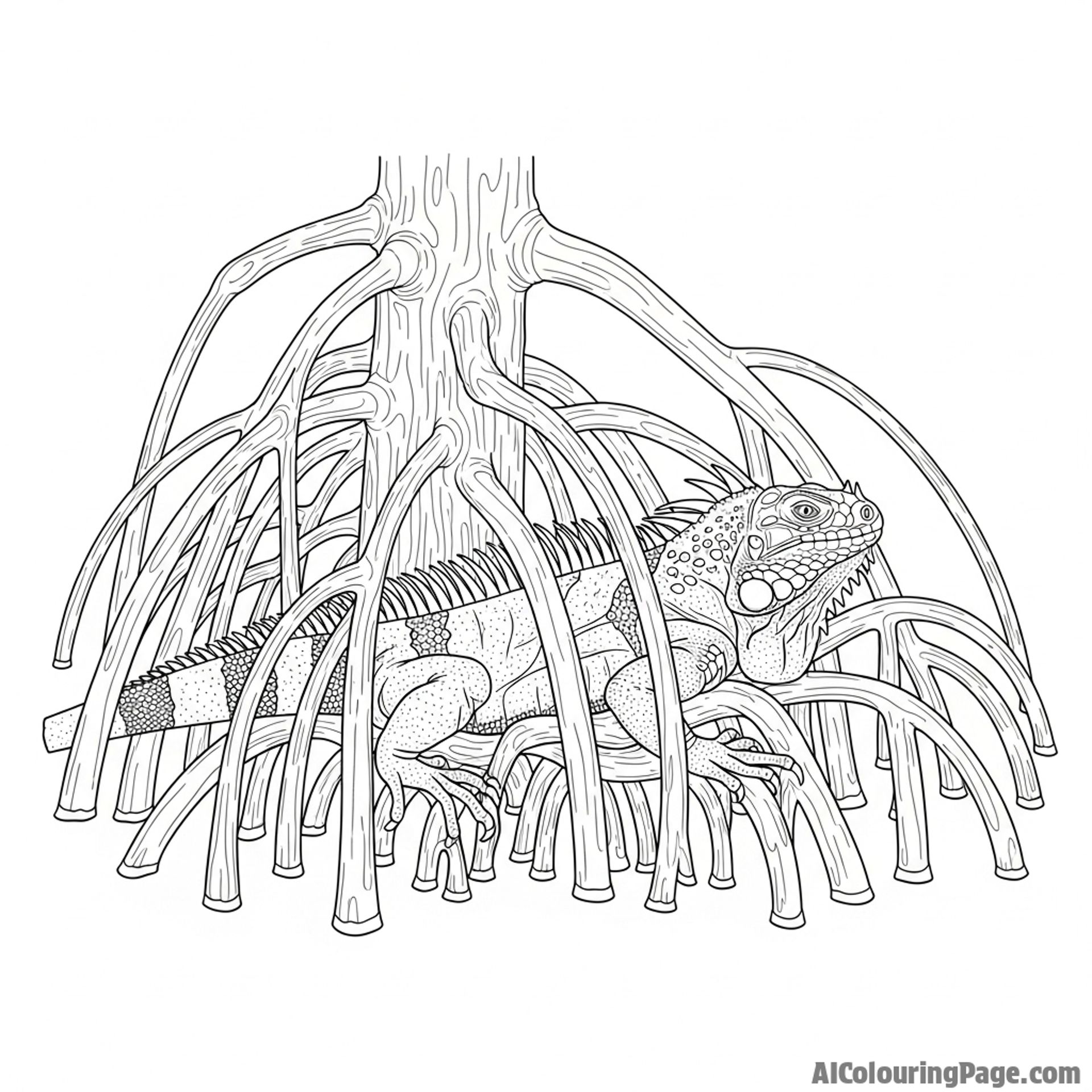 An iguana camouflaged amongst the roots of a mangrove tree.