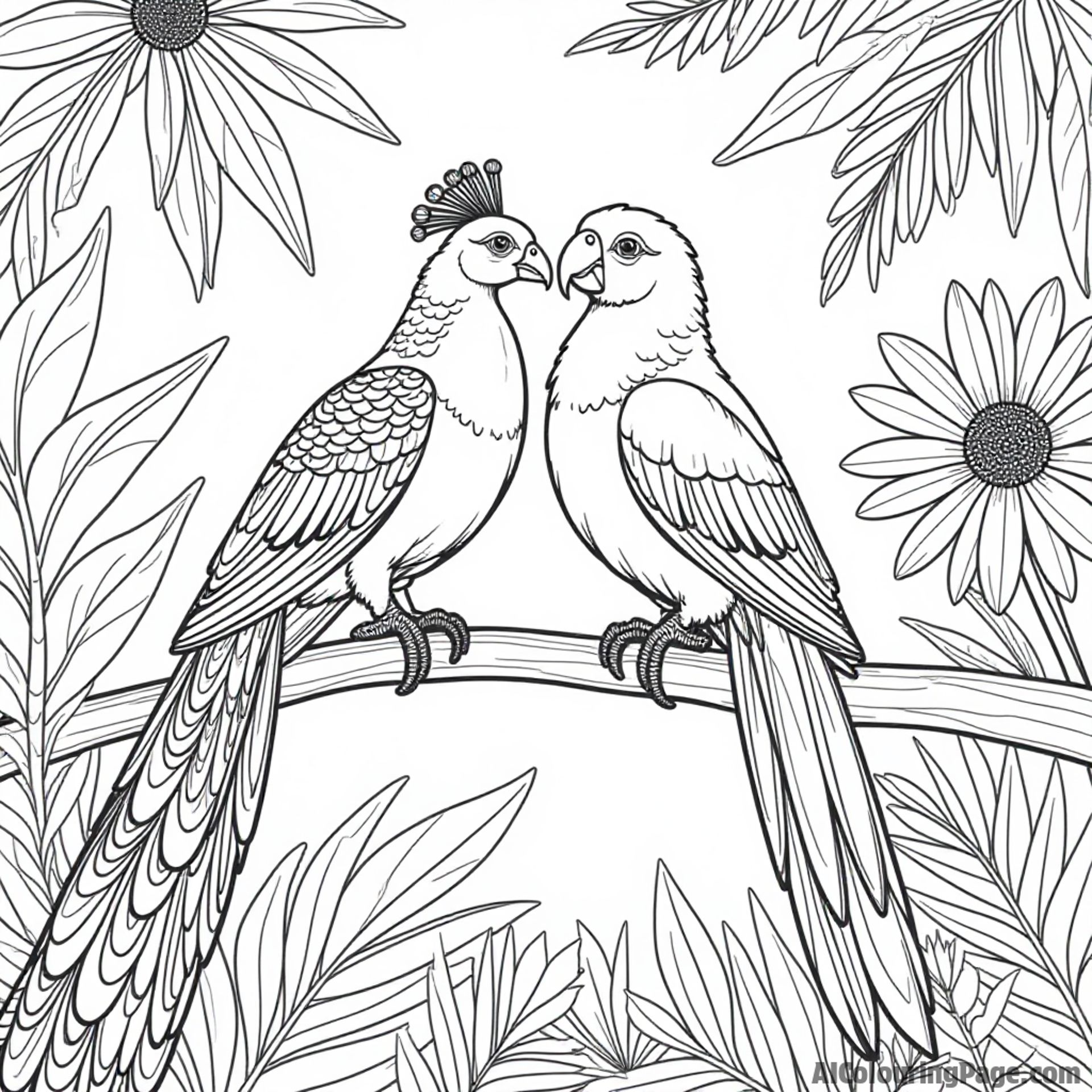 A peacock and a parrot sharing a branch in a tropical rainforest, surrounded by exotic plants and flowers
